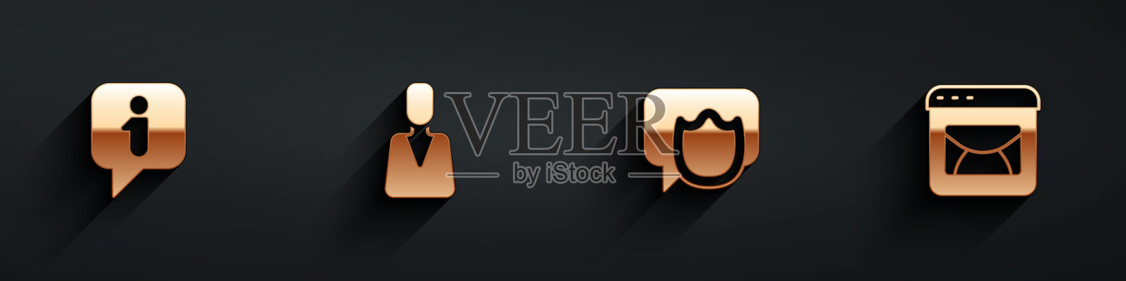 设置信息，员工，语音气泡聊天和邮件和电子邮件图标长阴影。向量插画图片素材