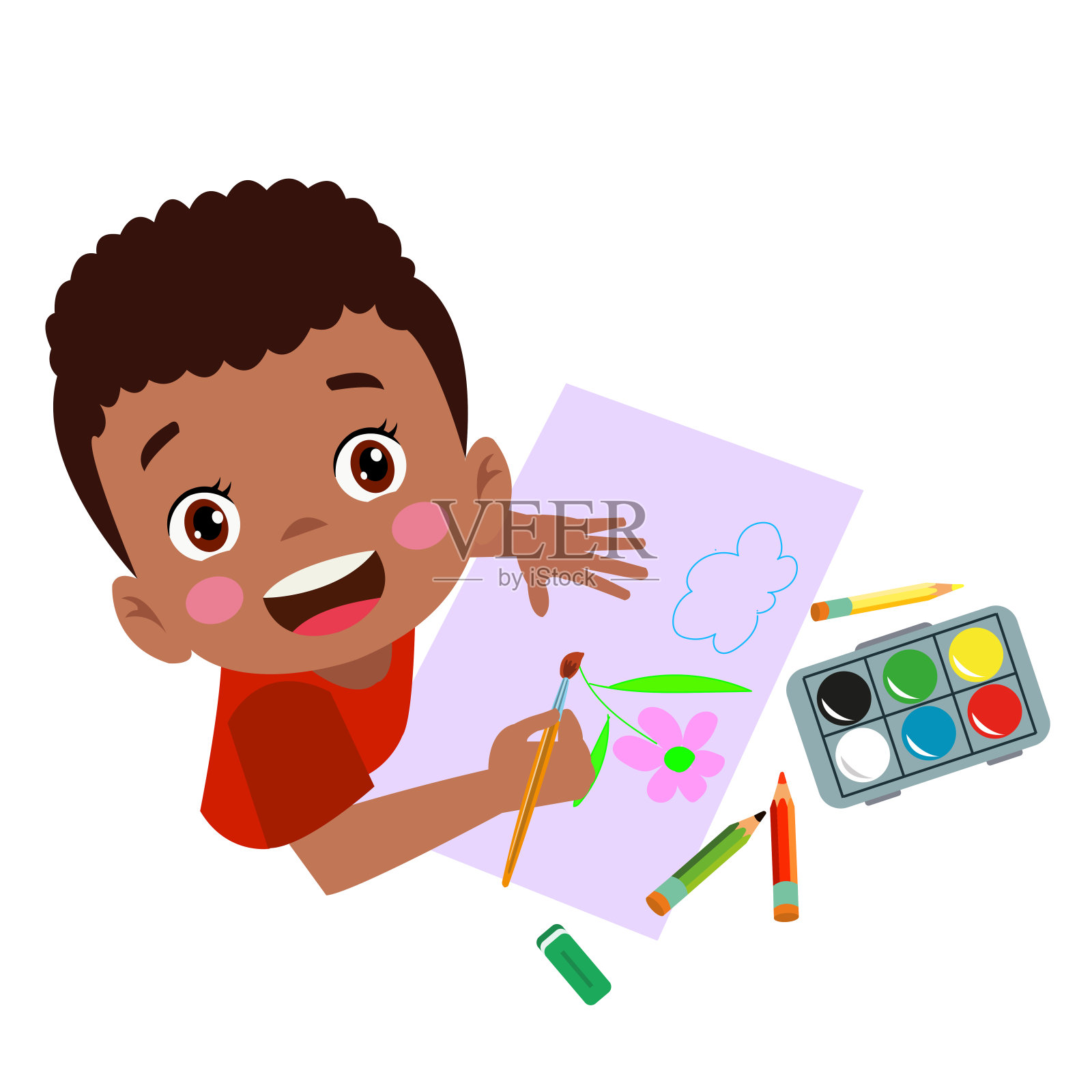 可爱的男孩用水彩画和彩色铅笔插画图片素材