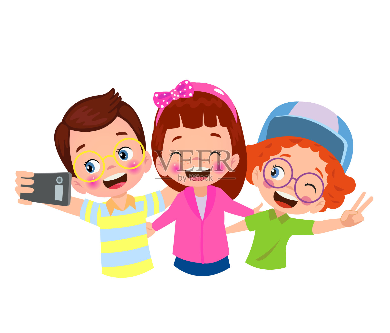 可爱的小男孩和小女孩一起自拍插画图片素材