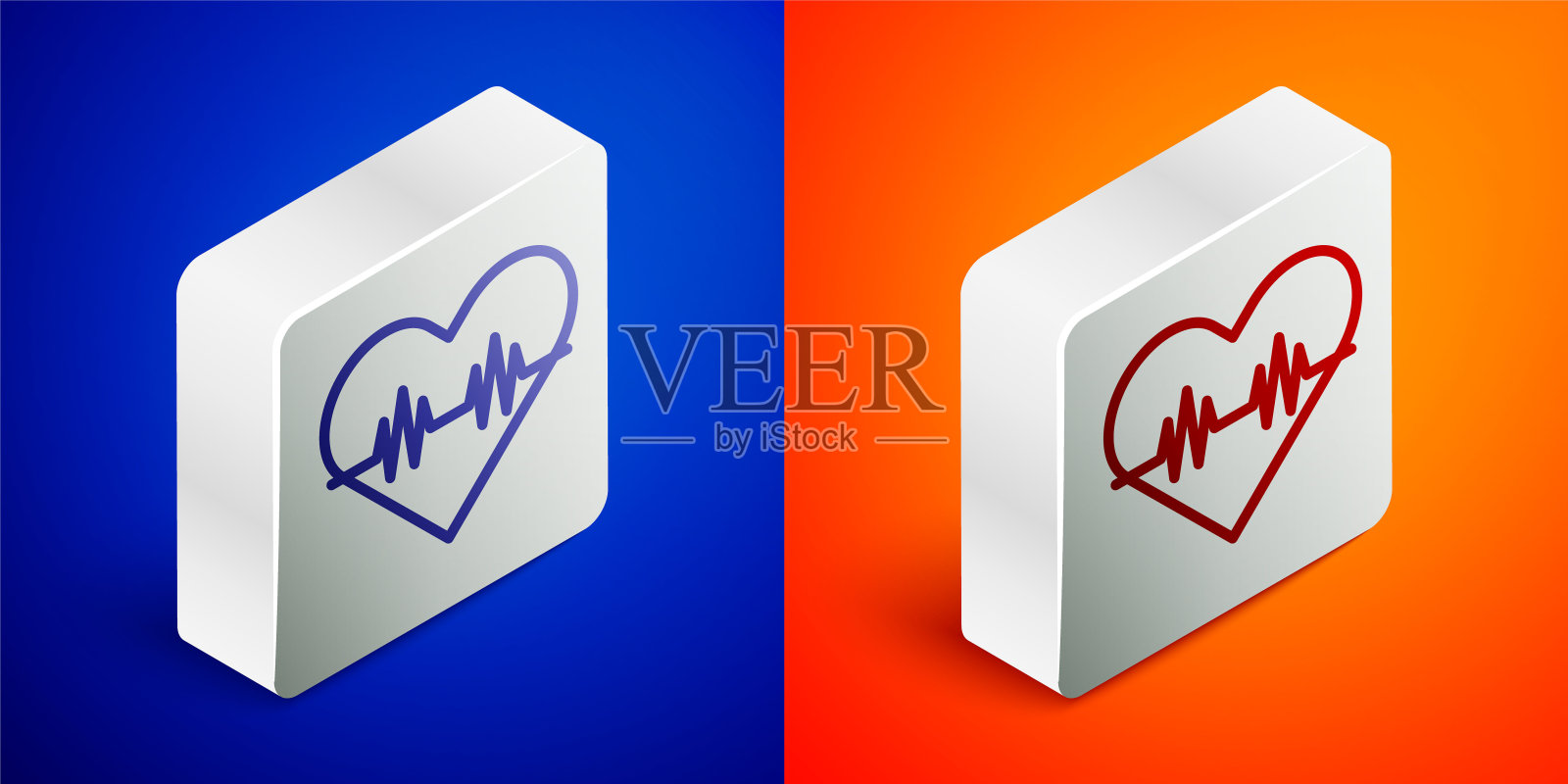 等距线心率图标隔离在蓝色和橙色背景。心跳信号。心脏脉搏图标。心电图图标。银色方形按钮。向量图标素材