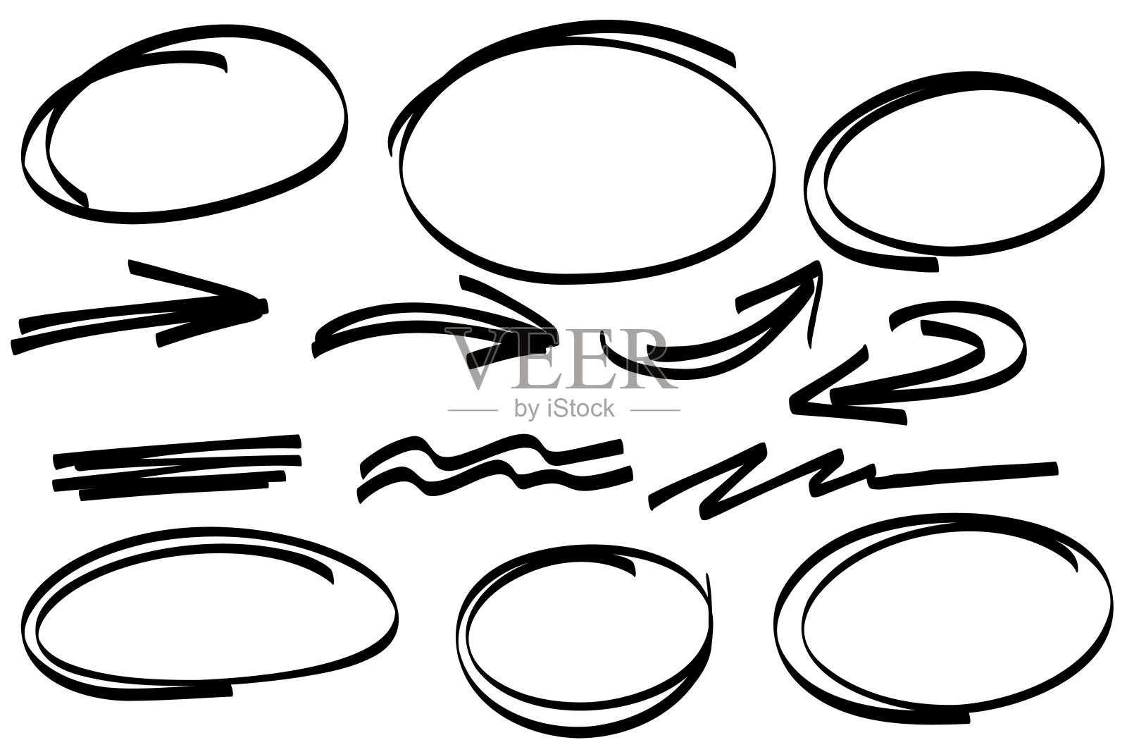高亮标记椭圆形框架，箭头，手绘线。手绘下划线潦草涂鸦圈集。椭圆和椭圆线模板。股票矢量插图隔离在白色背景上。插画图片素材