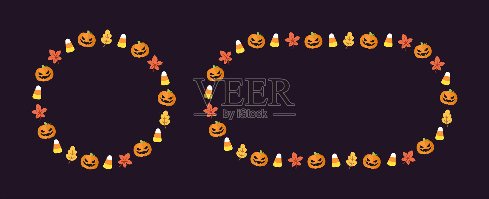 圆万圣节边框与卡通杰克灯笼，南瓜，玉米糖集。可爱的万圣节卡片模板收集。矢量插图。插画图片素材