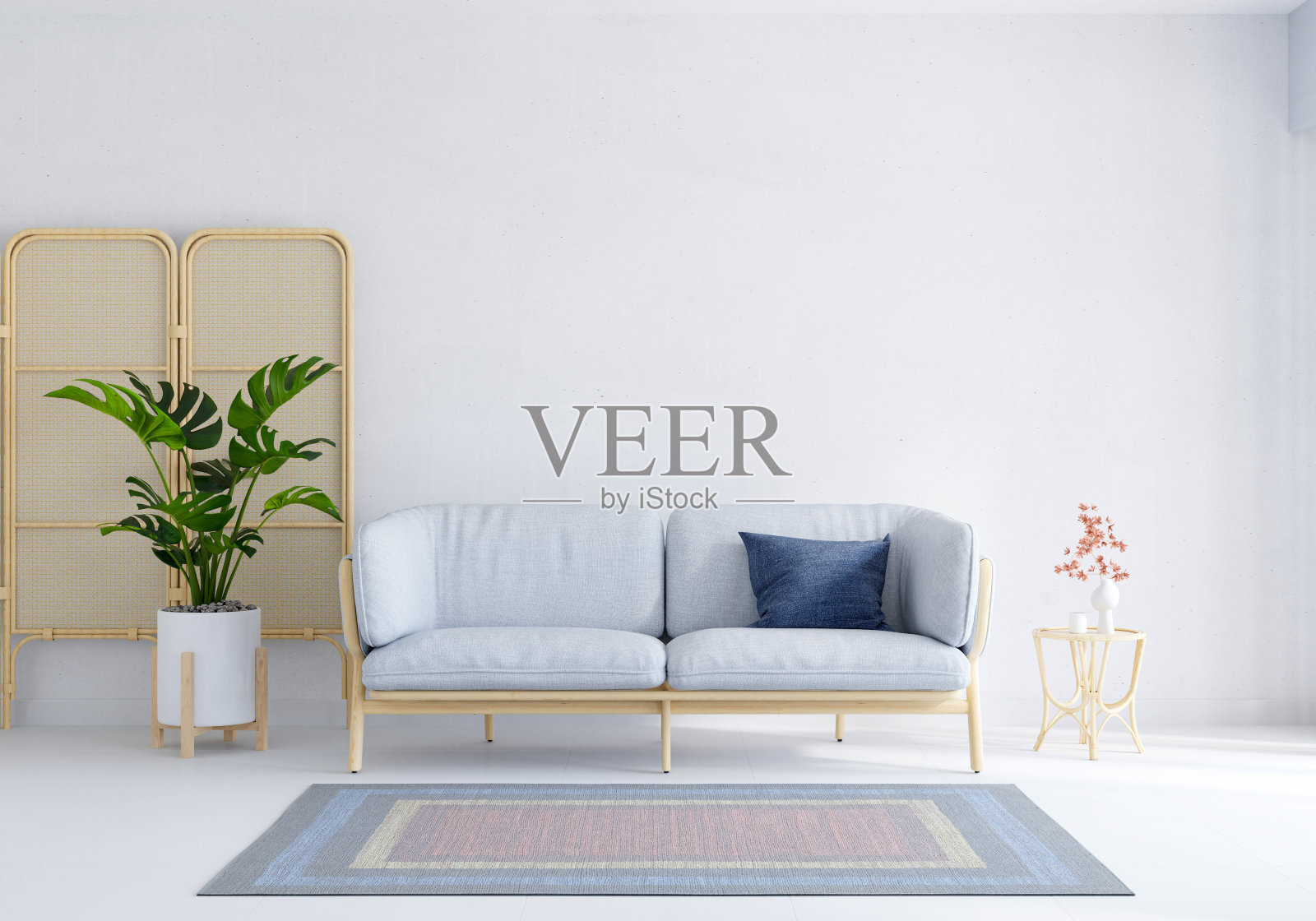 灰色沙发在白色客厅与复制空间，3D渲染照片摄影图片