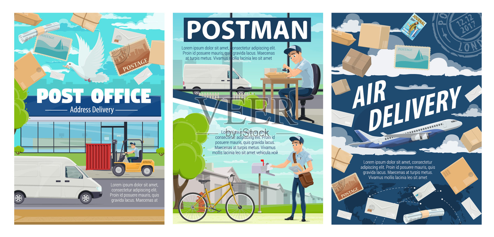 邮递员邮局和包裹邮件投递插画图片素材