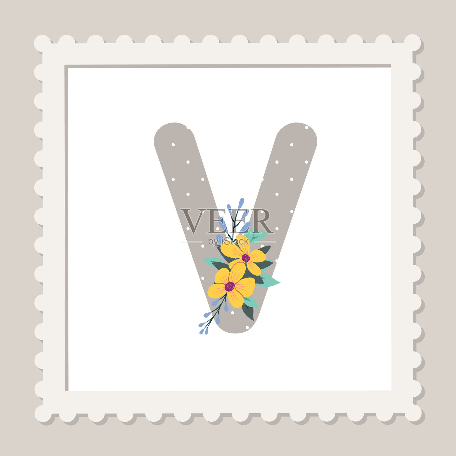 字母V配花。花字母大写字体设计元素图片