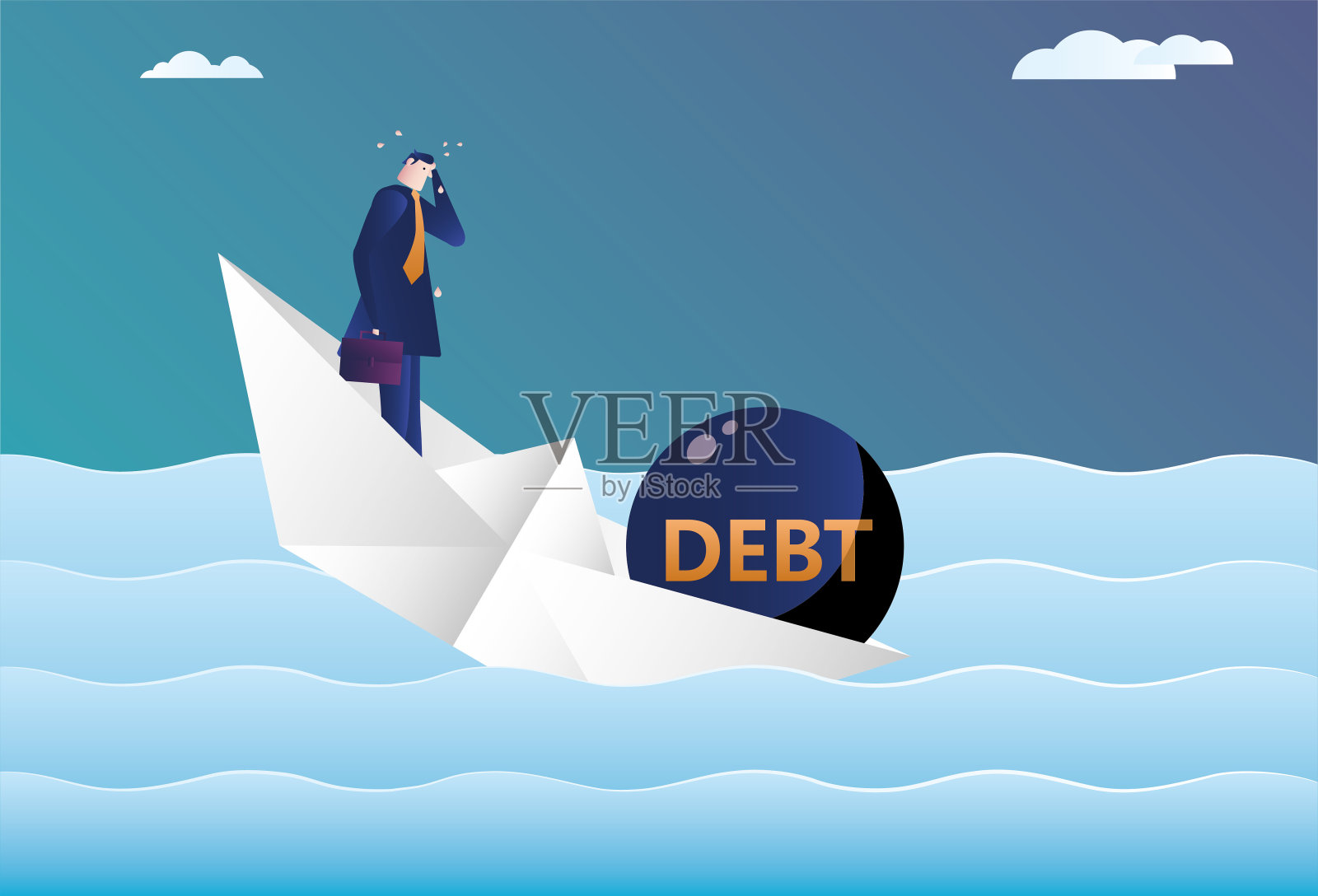商人乘着满载债务的纸船在海上沉没插画图片素材