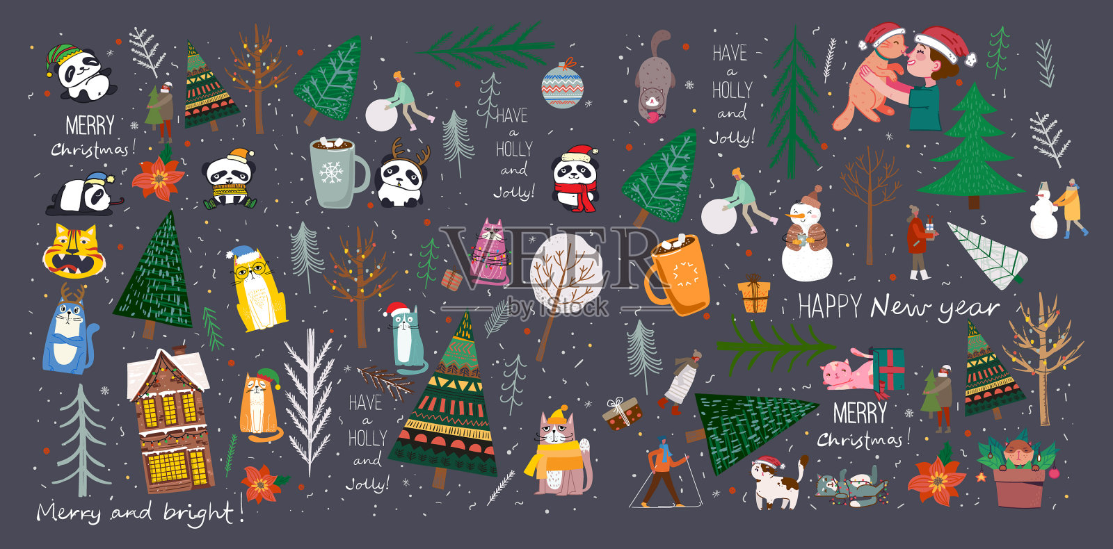 一套冬季圣诞树和太阳雪插画图片素材