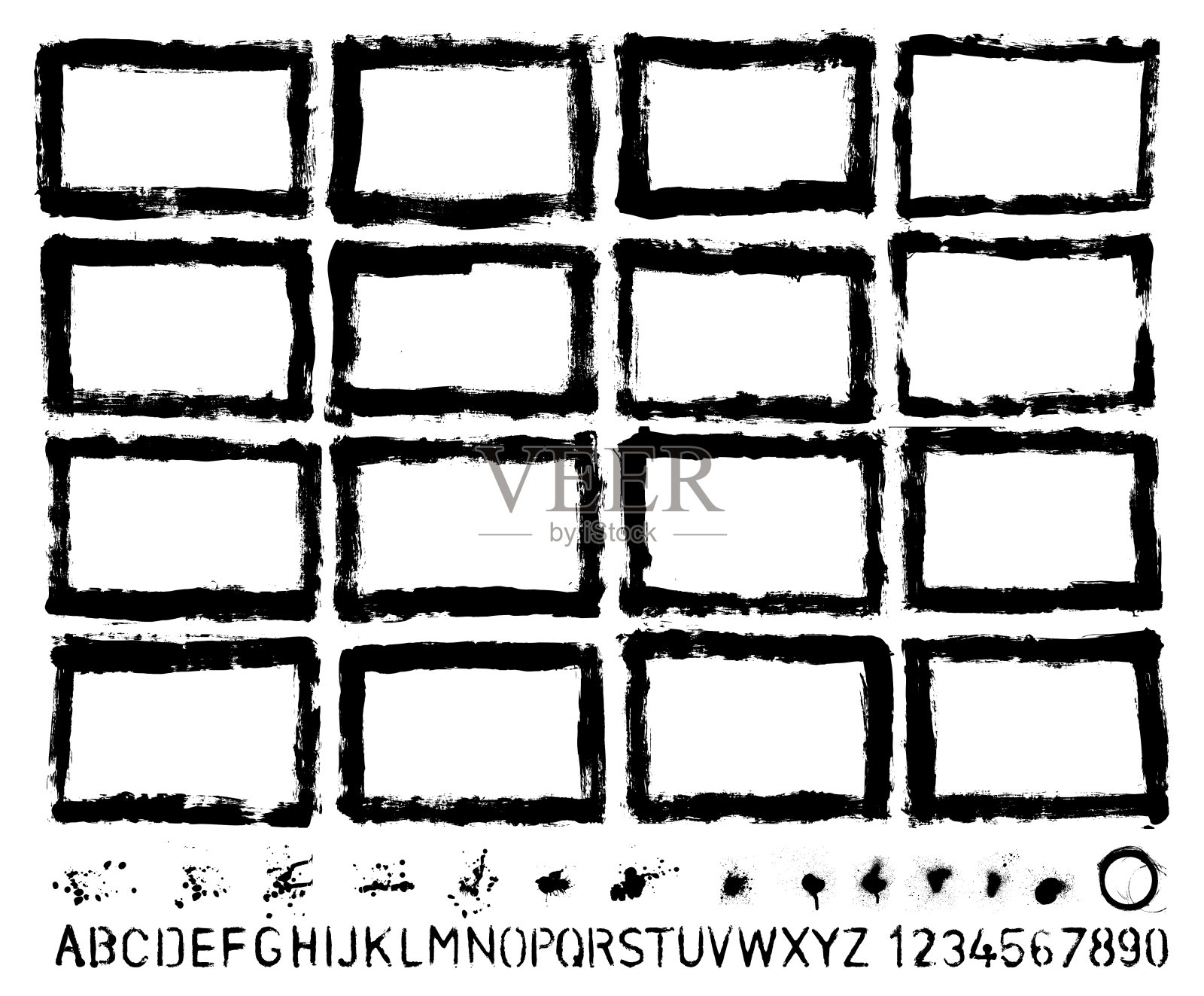 平面设计要点:垃圾纹理，手绘边框，油漆飞溅，画笔笔触，自制的手绘模板字母。高分辨率。jpeg和分组元素矢量文件包括插画图片素材