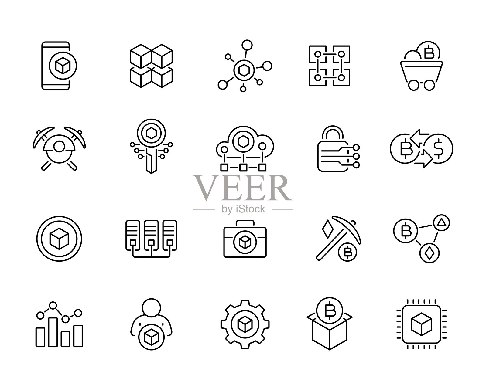 区块链和加密货币-线图标。可编辑的中风。向量股票插图图标素材