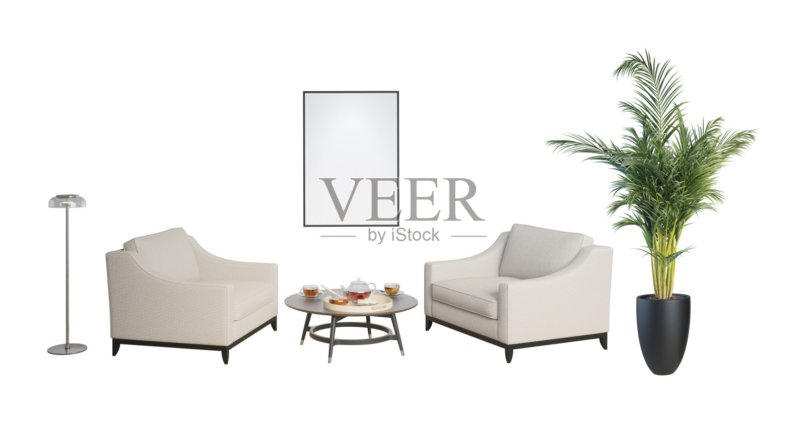 客厅一套典雅的家具。浅米色优雅的扶手椅，一张竖着的海报，上面是一张带茶具的深色圆木桌，一盏金属落地灯，一个黑色花盆里的大植物。照片摄影图片