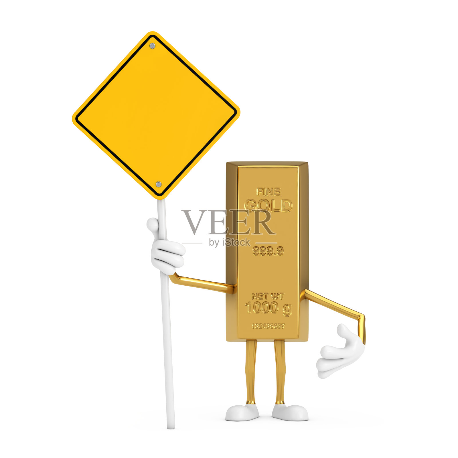 金条卡通人物吉祥物和黄色道路标志，为您的设计提供自由空间。3d渲染照片摄影图片