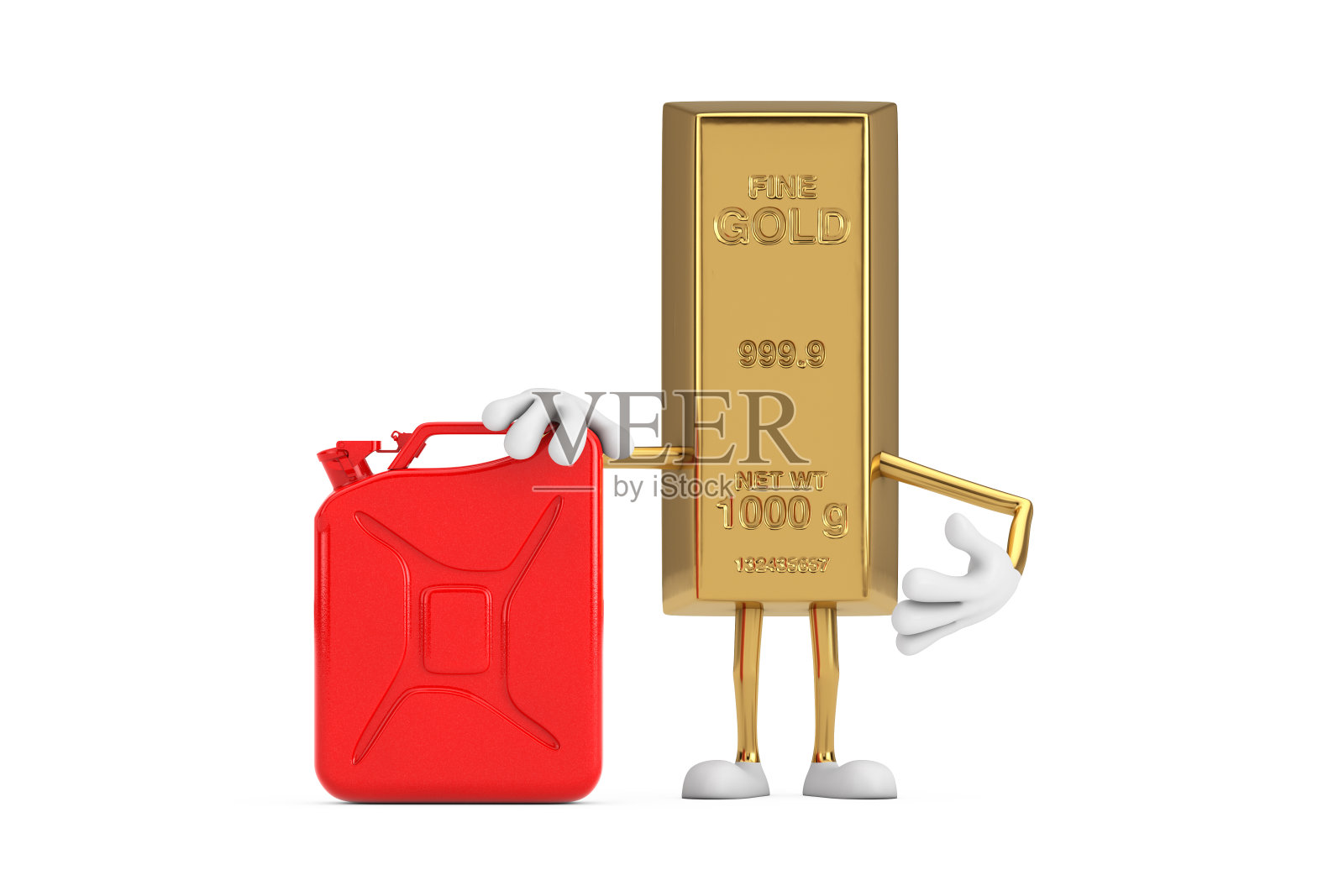 金条卡通人物吉祥物与红色金属Jerrican罐。3d渲染照片摄影图片