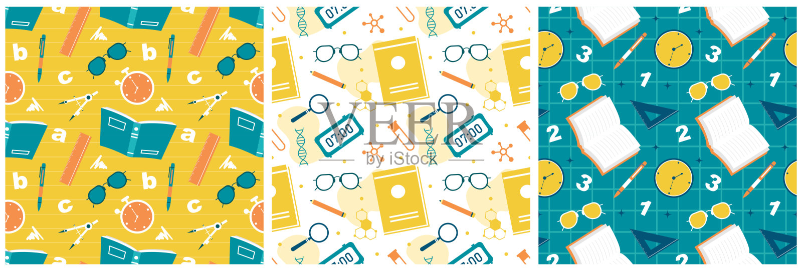 一套快乐的老师无缝图案设计教育风格元素模板手绘卡通平面插图插画图片素材