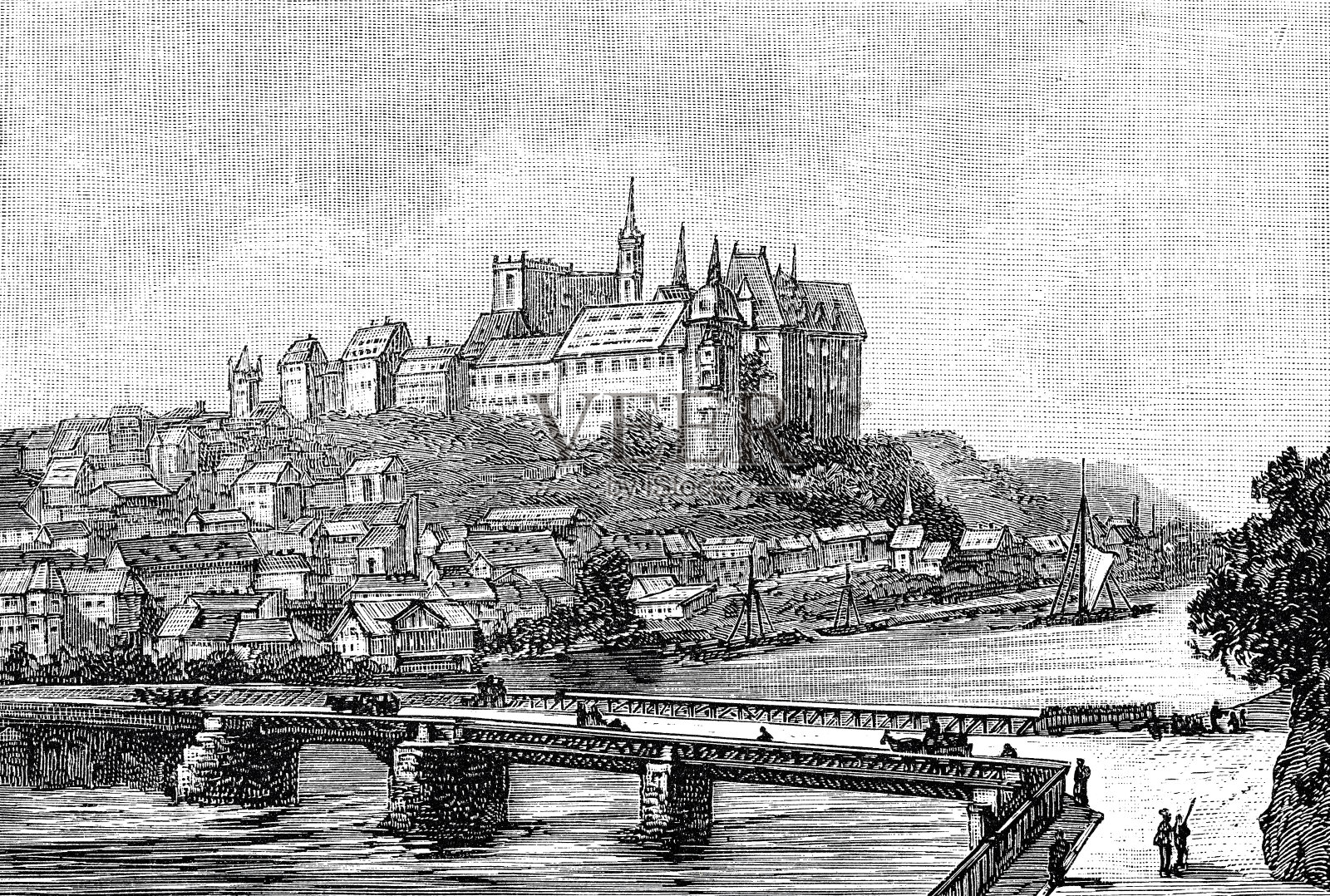 德国，迈森，穿过一座桥和特里比什河到阿尔布雷茨堡插画图片素材