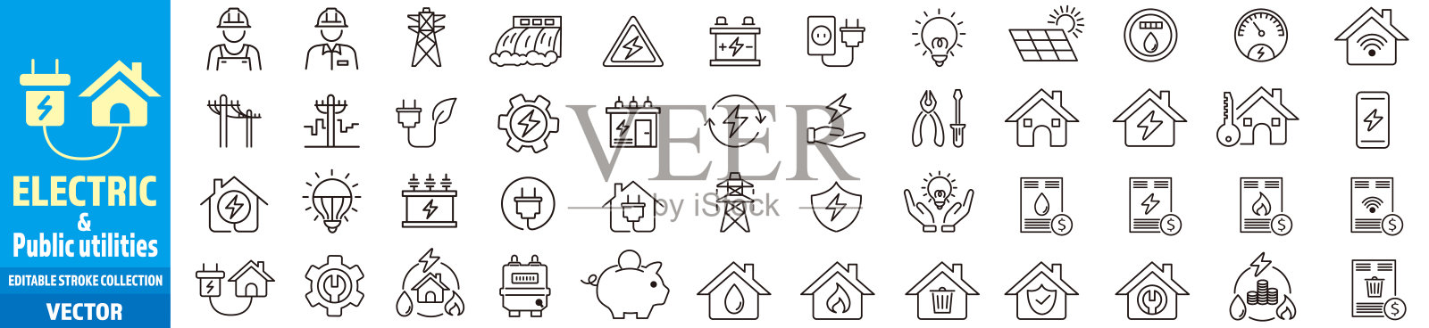 电力公用事业电力燃气水加热图标矢量插图可编辑笔画。图标素材