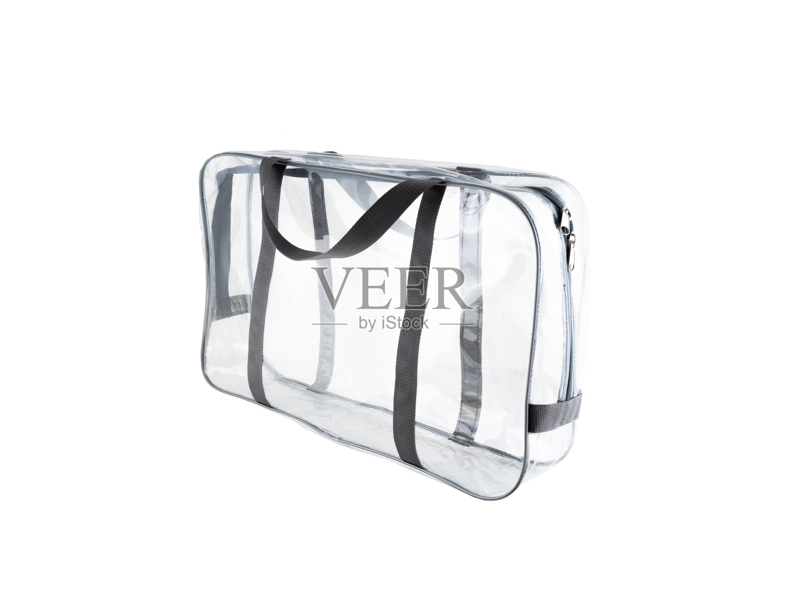 透明袋与黑色带子隔离在一个白色的背景。照片摄影图片