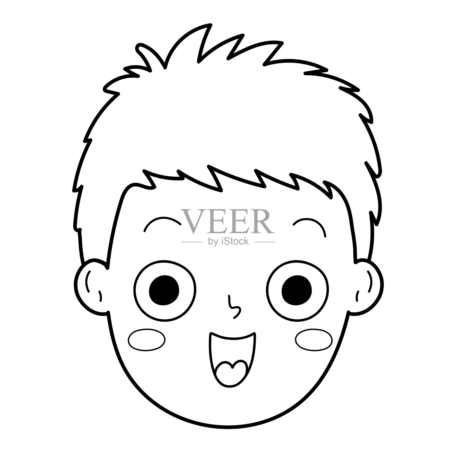 快乐男孩脸上的情绪在轮廓。兴奋的小孩剪贴画在黑色和白色插画图片素材