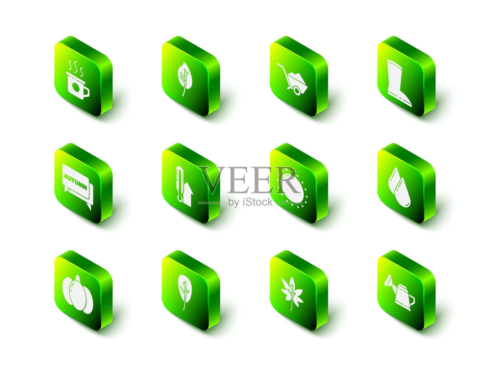 设置树叶，带泥土的手推车，防水橡胶靴，水滴，喷壶，太阳和图标。向量图标素材