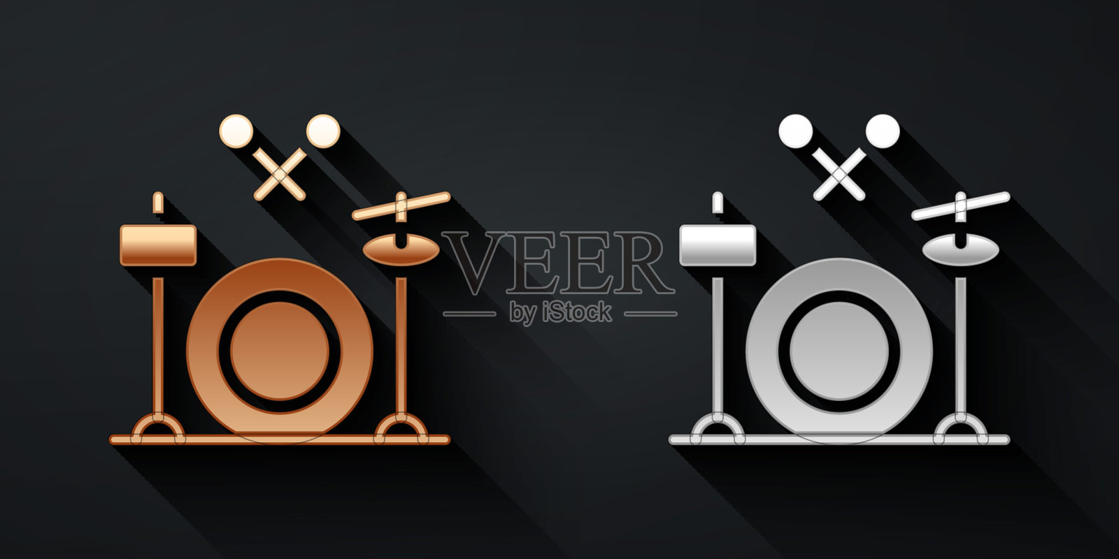金和银鼓图标孤立的黑色背景。音乐符号。乐器符号。长影式。向量图标素材