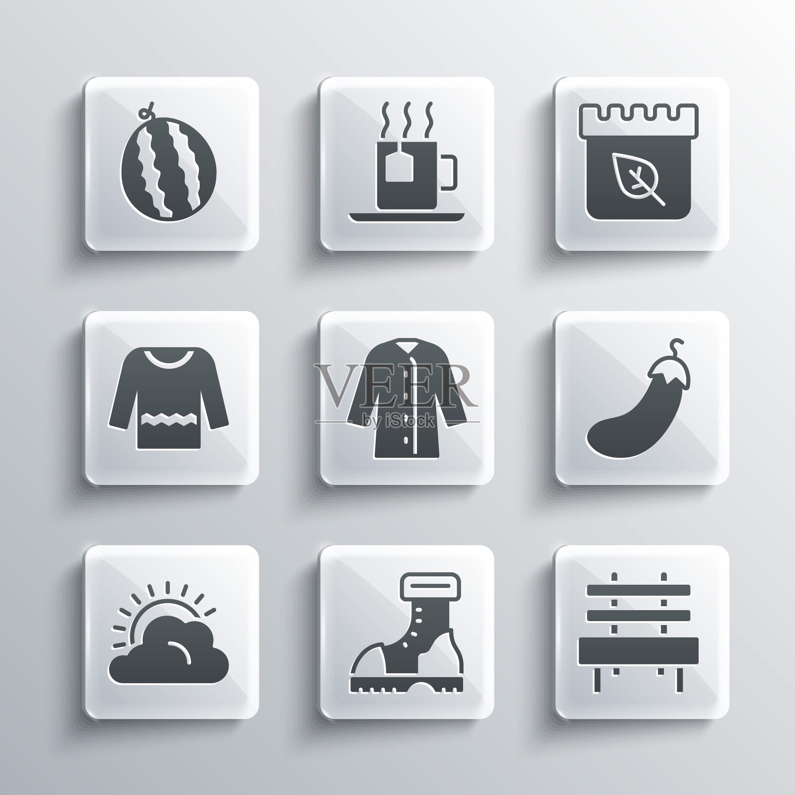 集防水橡胶靴，长凳，茄子，雨衣，太阳和云天气，毛衣，西瓜和日历与秋叶图标。向量图标素材