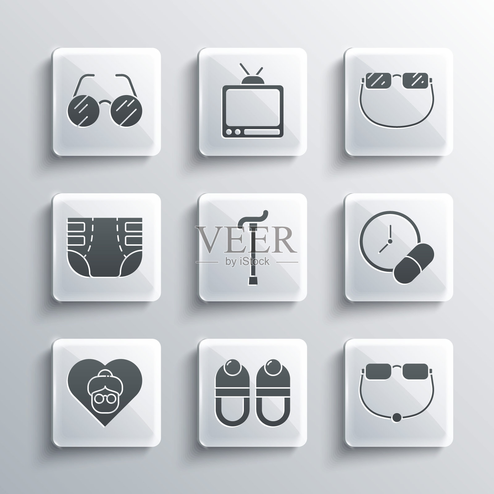 套装拖鞋，眼镜，药片或药片，手杖，祖母，成人尿布和图标。向量插画图片素材