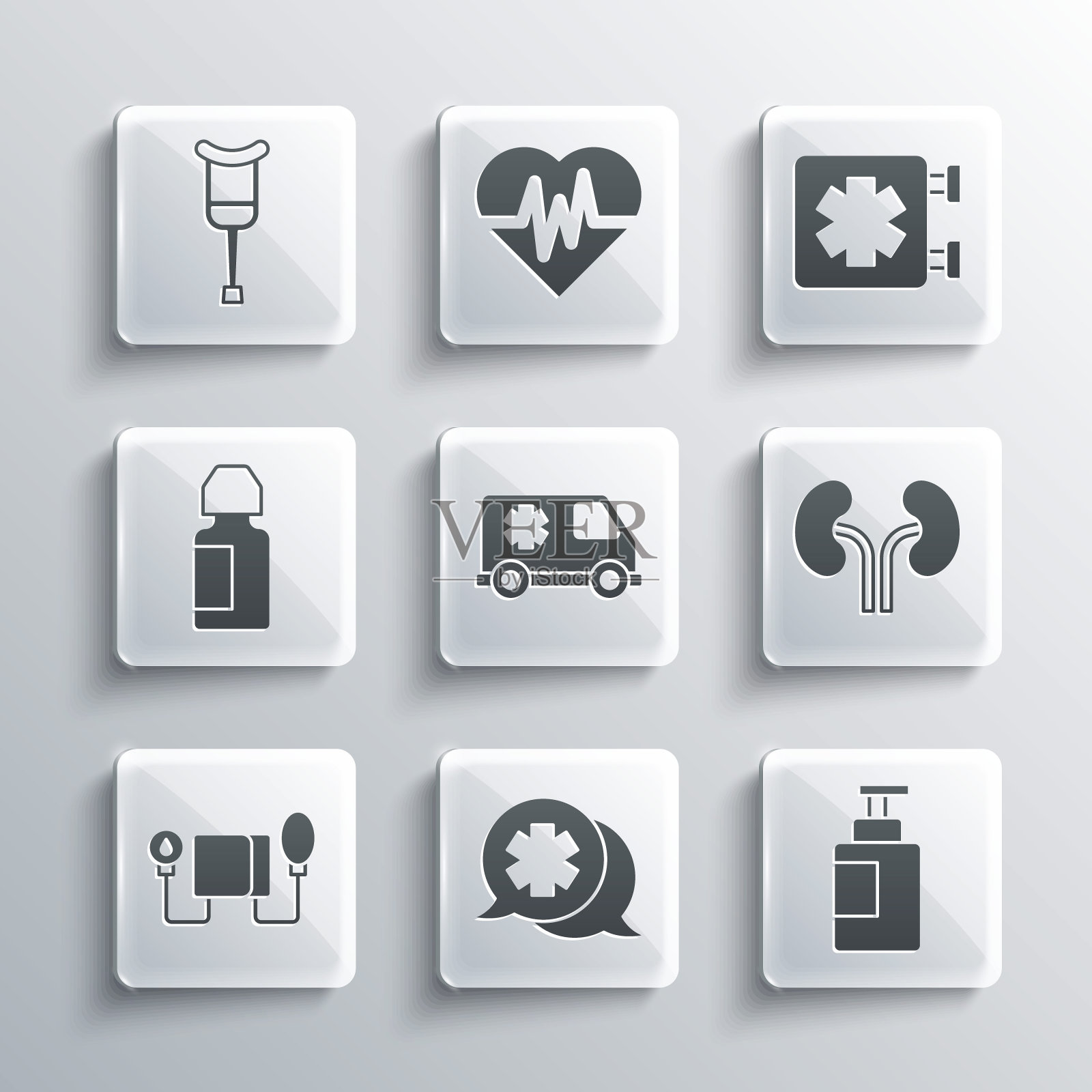 设置与医生对话，洗手液瓶，人体肾脏，急救车，血压，眼药水，拐杖拐杖和医疗符号的图标。向量图标素材