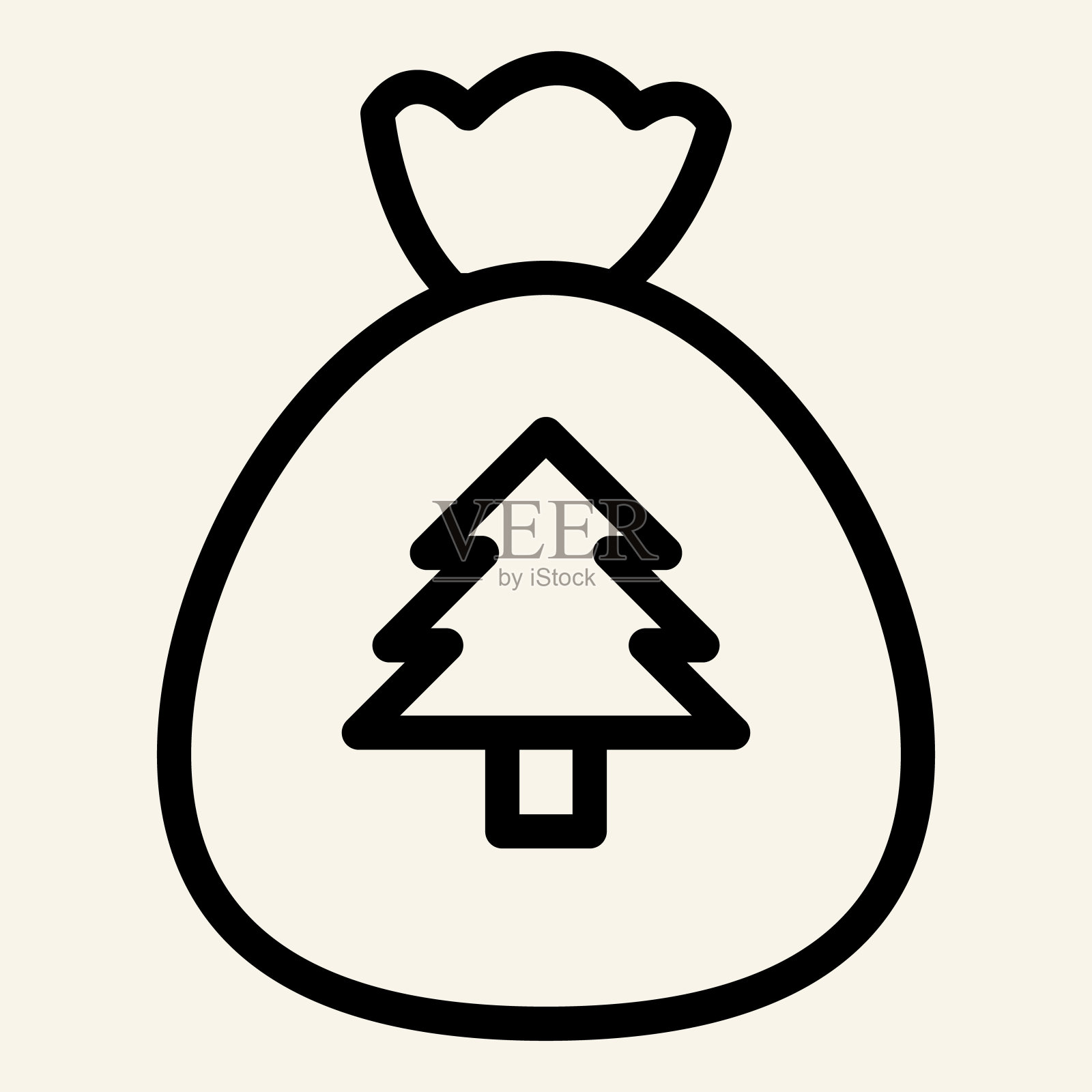 新年包线图标。圣诞老人圣诞袋与第一树轮廓风格象形文字在白色背景。传统的礼品袋为礼品移动概念网页设计。矢量图形。插画图片素材