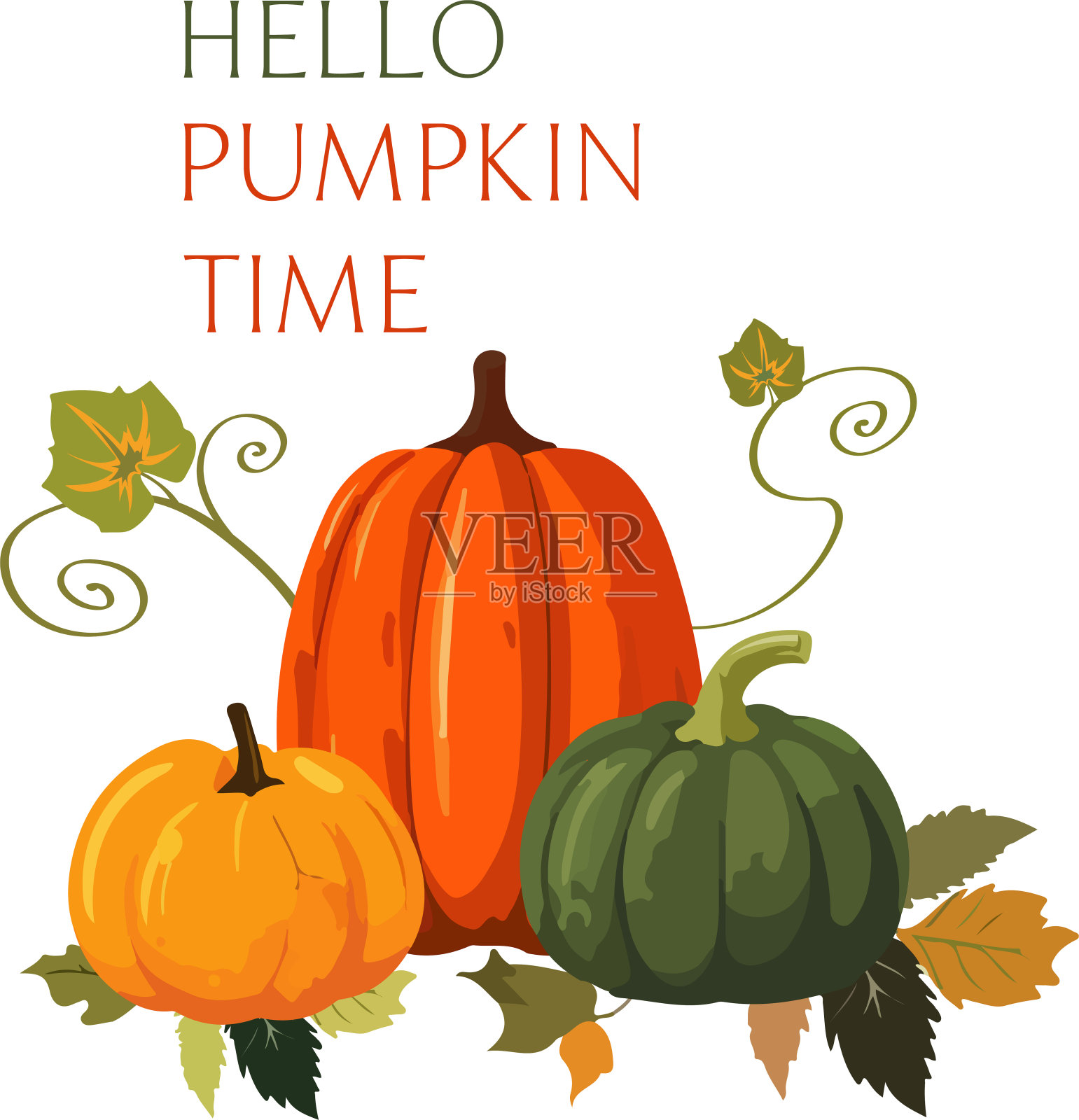矢量插图的南瓜堆与树叶在白色背景。你好南瓜时间短信插画图片素材