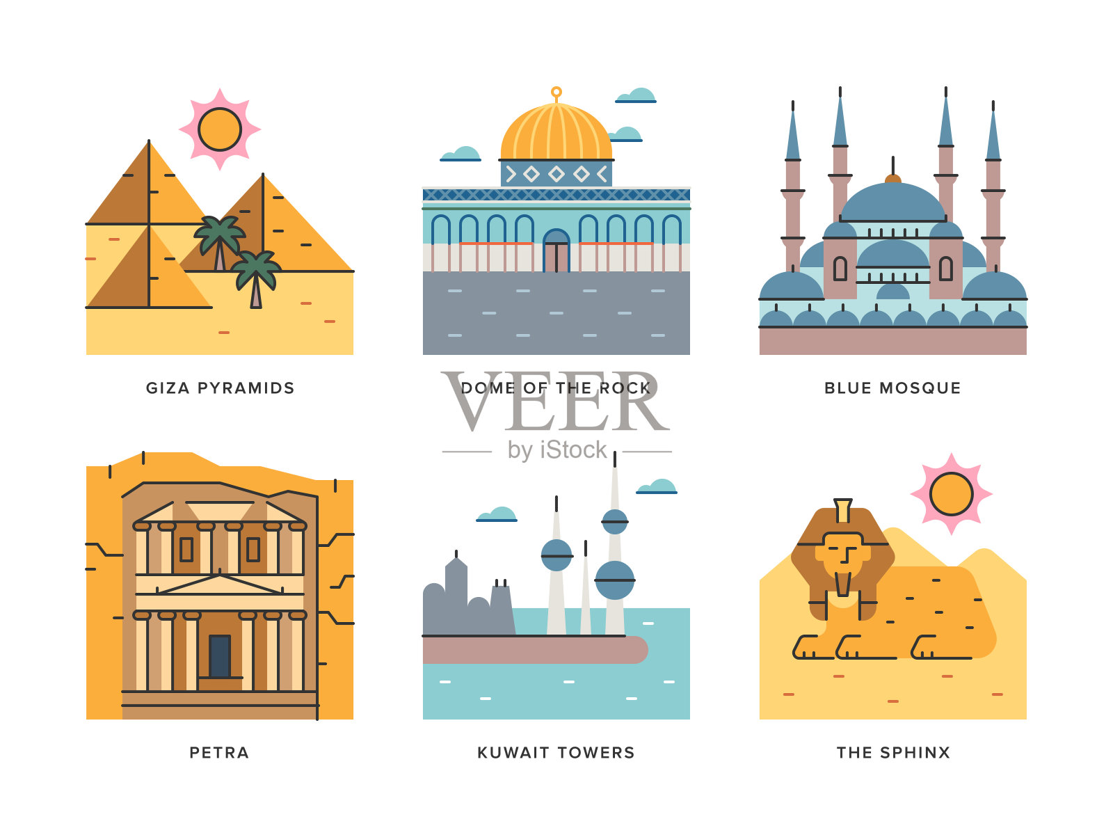中东旅游地标-亮线大图标系列插画图片素材