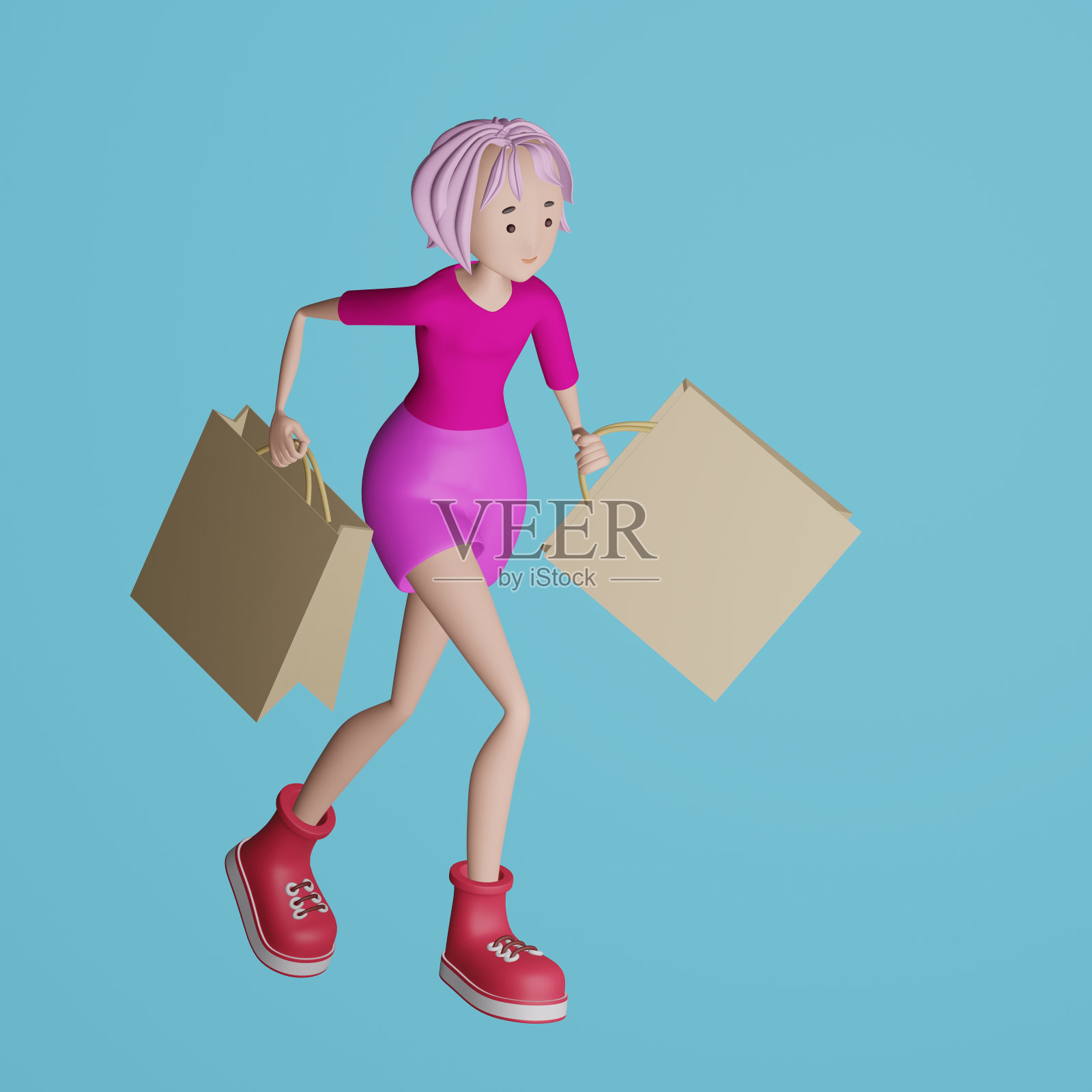 现代时尚女孩与购物袋。3D渲染，3D渲染。照片摄影图片