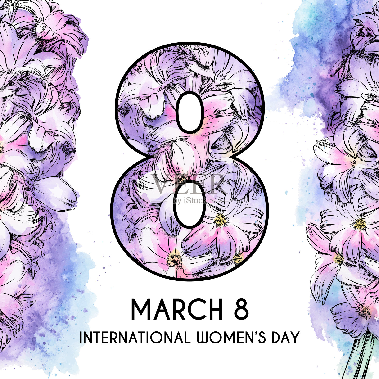 国际妇女节矢量插图与水彩和墨水风信子花插画图片素材