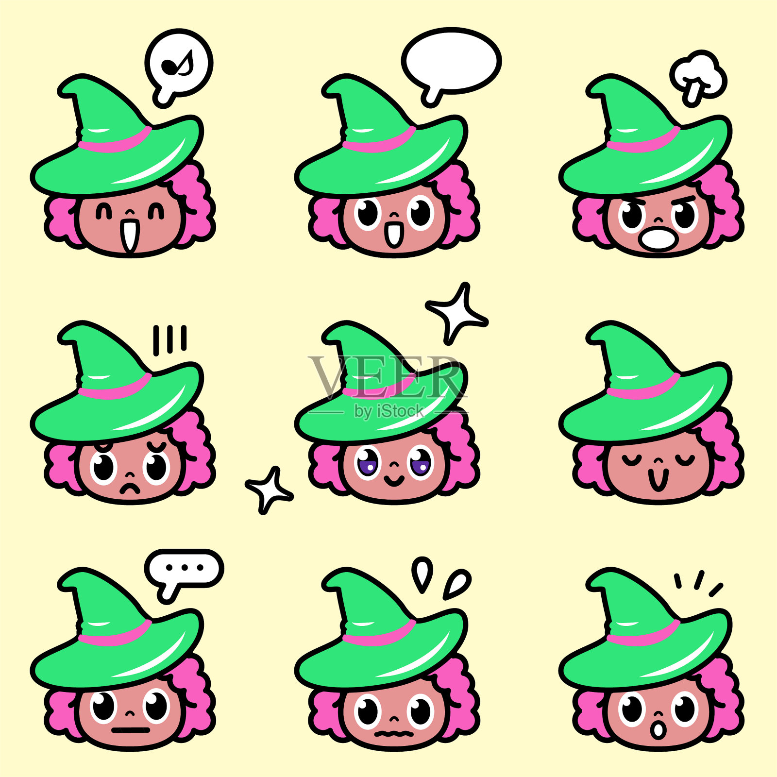 万圣节图标集：可爱的女巫和九种彩色面部表情插画图片素材
