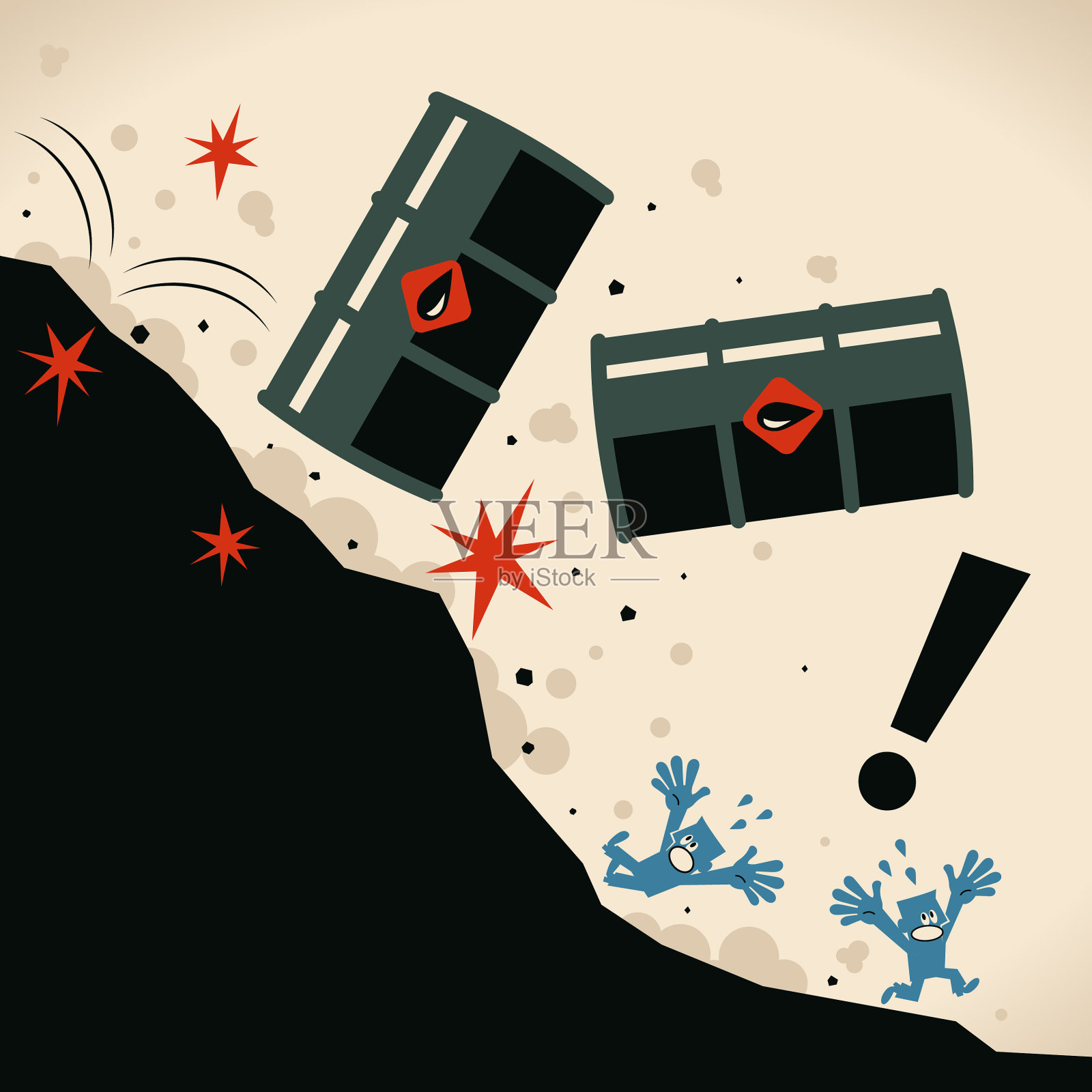 从悬崖上掉落的巨型油桶，人们尖叫逃生。受疫情和原油过剩影响，原油价格下跌插画图片素材