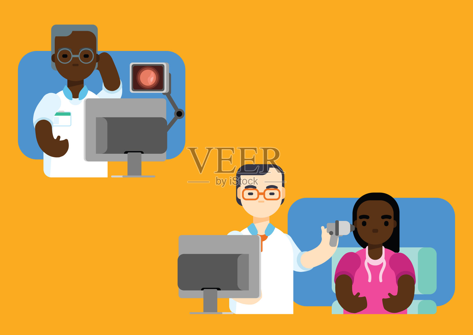 一个非洲女孩正在接受一名偏远诊所医生的耳朵检查。执业的非洲裔男医生和亚洲裔男医生。插画图片素材