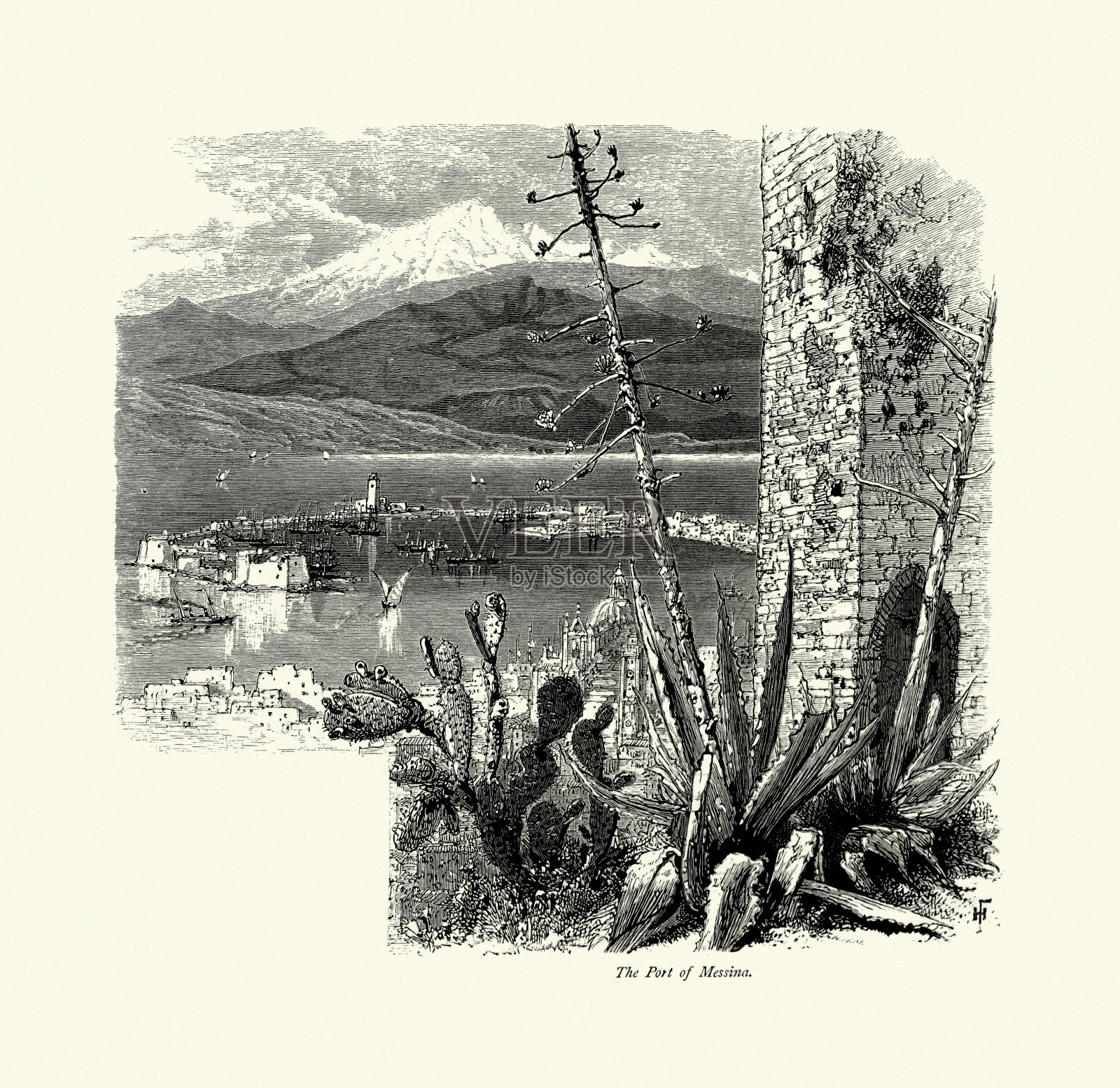 墨西拿港，蒙特丁纳马，城市，船，意大利，19世纪插画图片素材