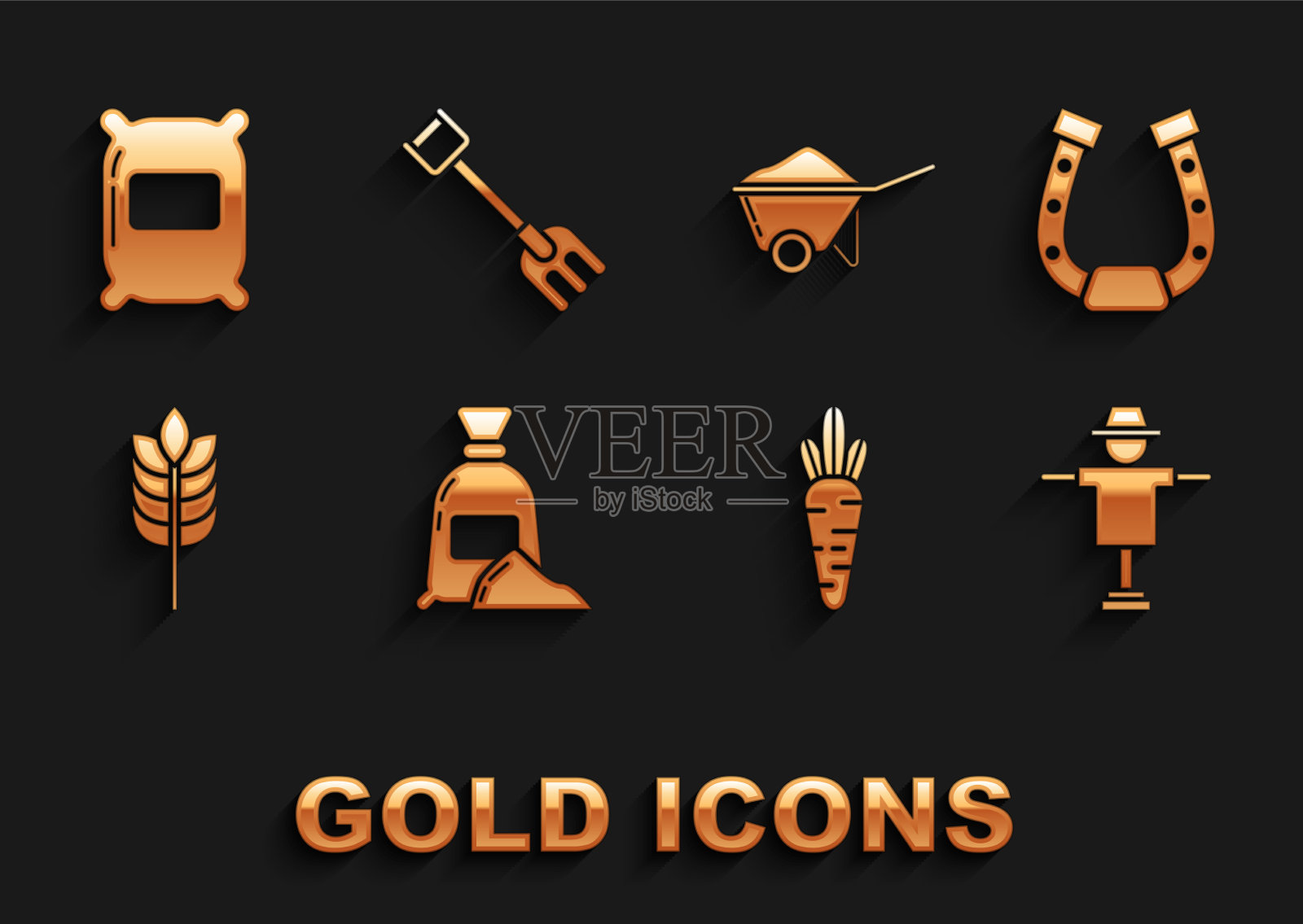 套袋面粉、马蹄铁、稻草人、胡萝卜图标素材