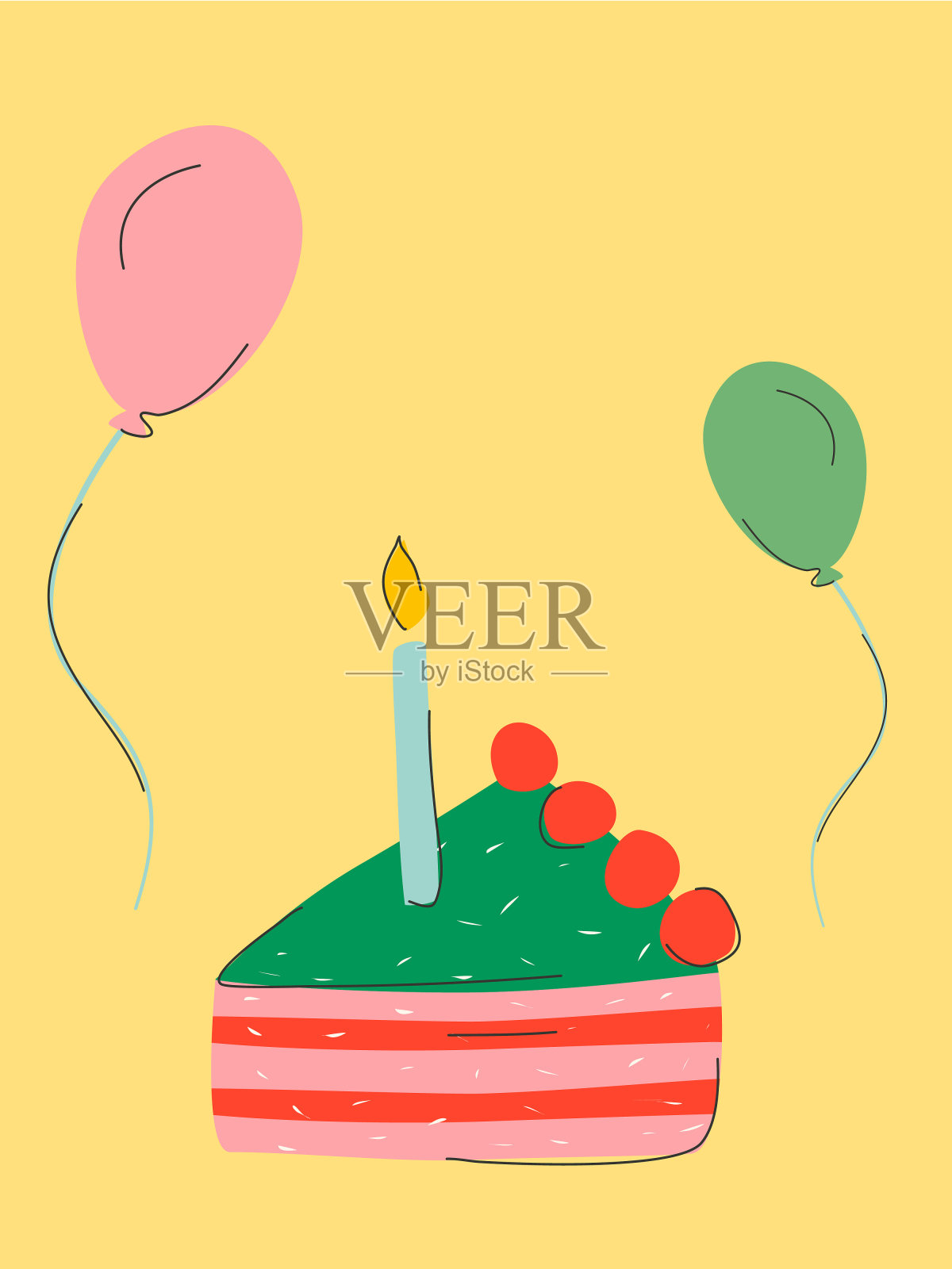 明亮的庆祝明信片，上面有蛋糕和气球插画图片素材