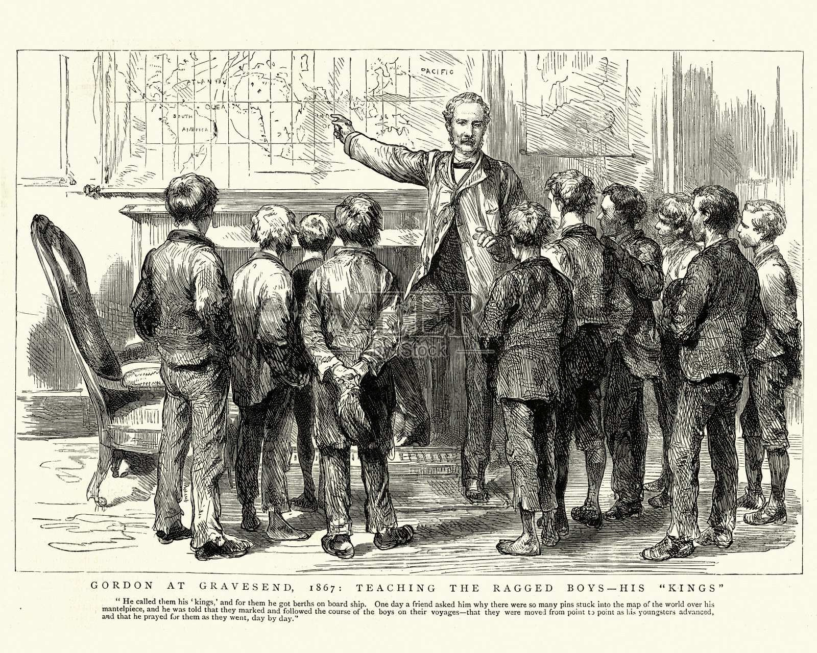 1867年，查尔斯·乔治·戈登将军在格雷夫森德教衣衫褴褛的孩子插画图片素材