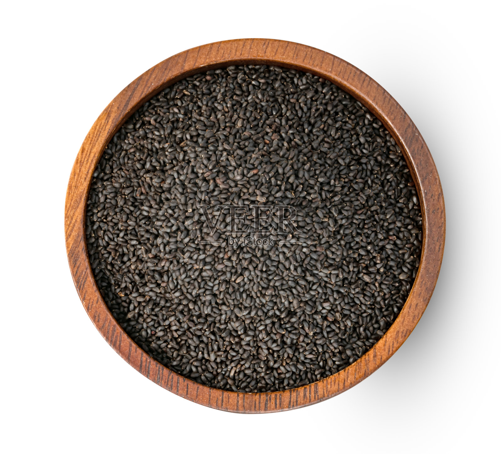 毛茸茸的罗勒种子与木碗隔离在白色背景，包括修剪路径照片摄影图片