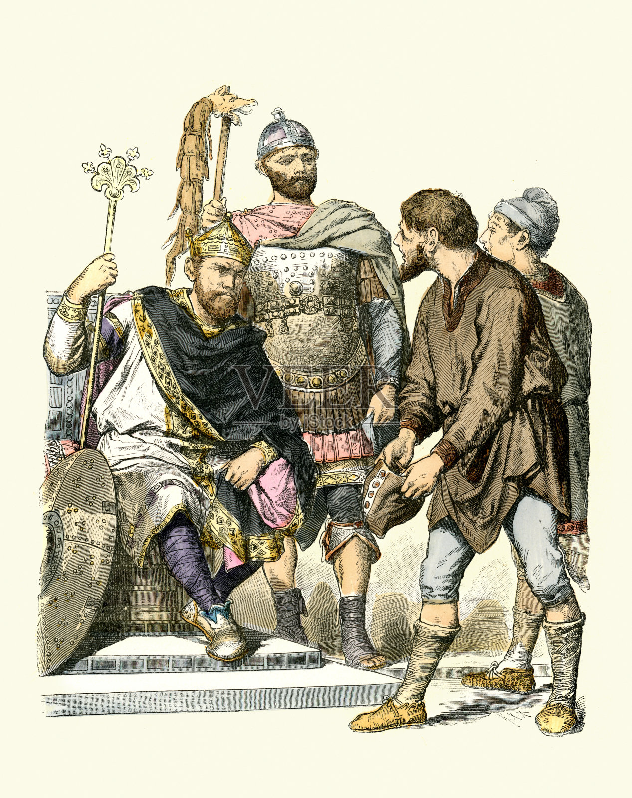 加洛林时代的中世纪时尚，公元700至800年，战士，国王，战士和农民，时尚史插画图片素材