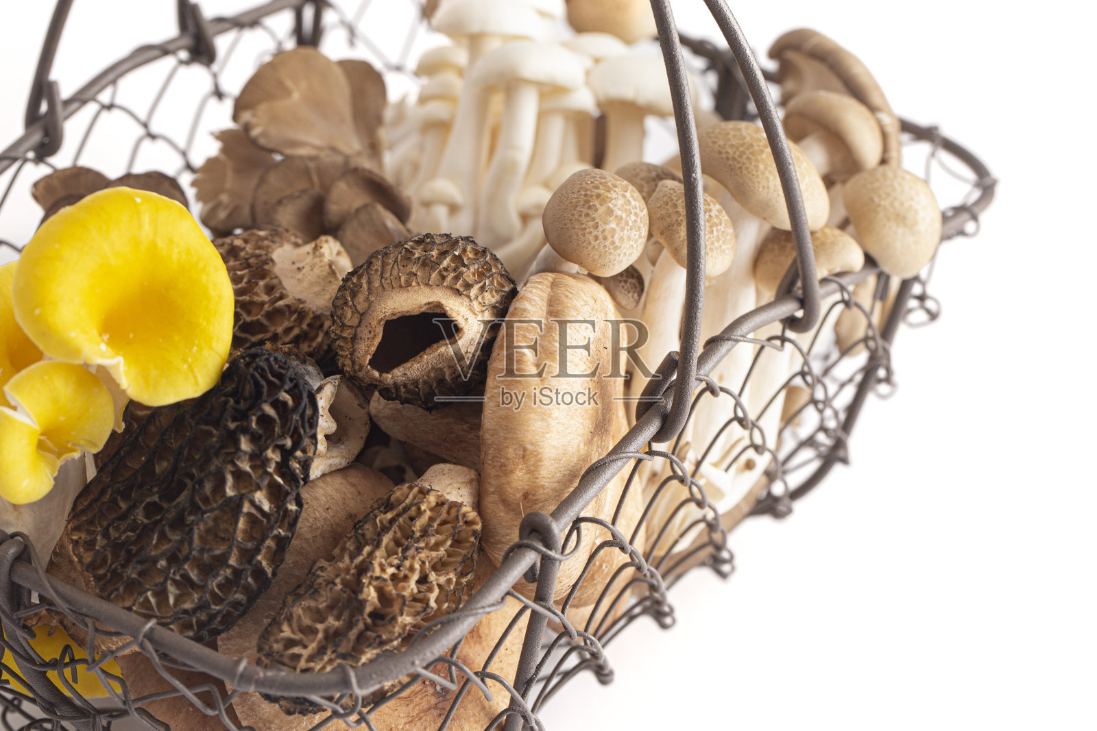 篮子装满了各种不同的新鲜蘑菇孤立在白色背景照片摄影图片