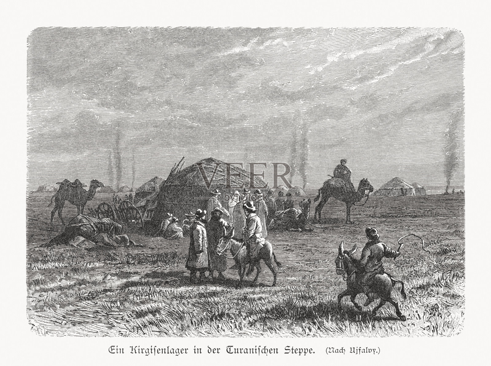 图兰草原上的吉尔吉斯人，木刻版画，1897年出版插画图片素材