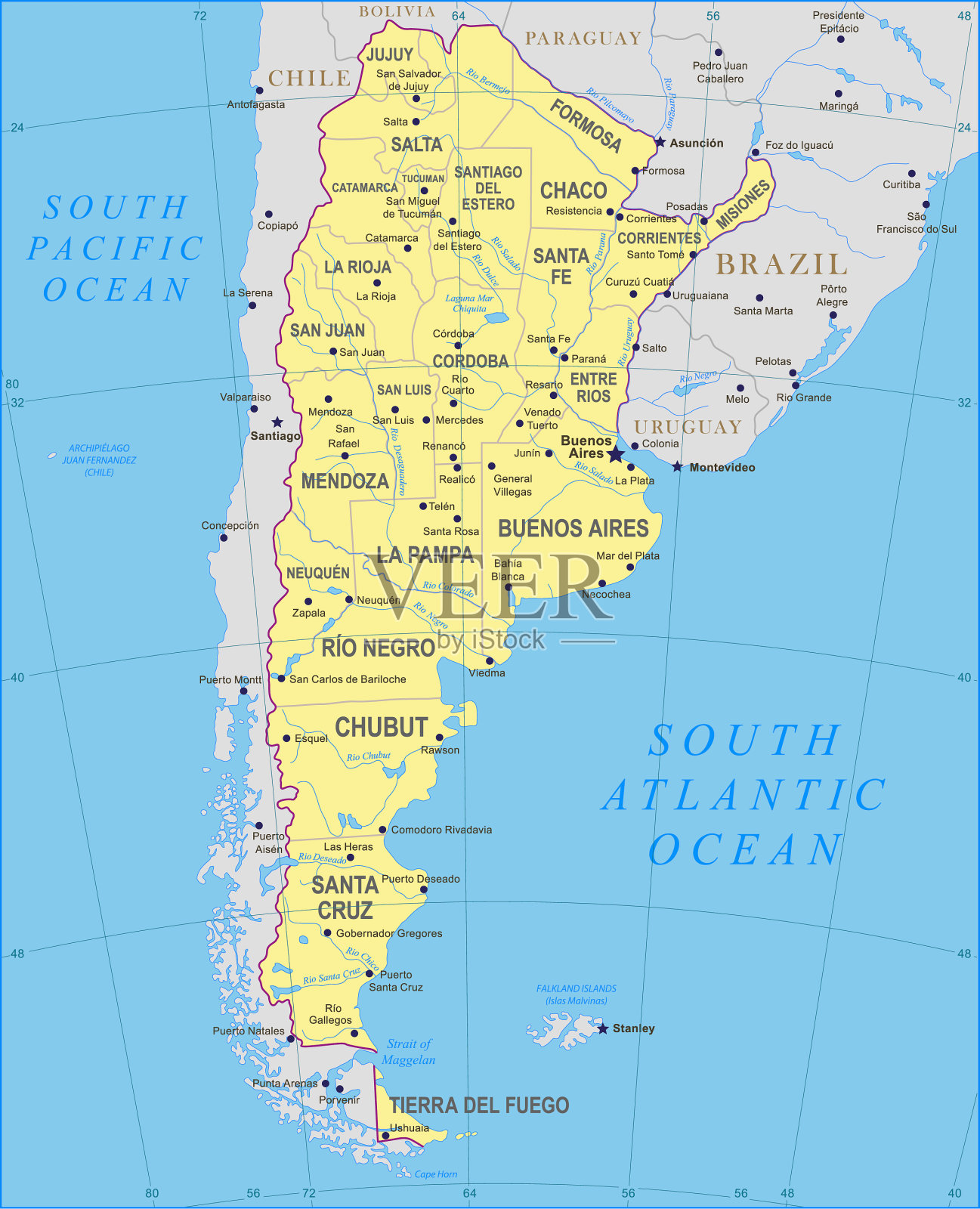 高度详细的阿根廷地图与河流和首都城市插画图片素材