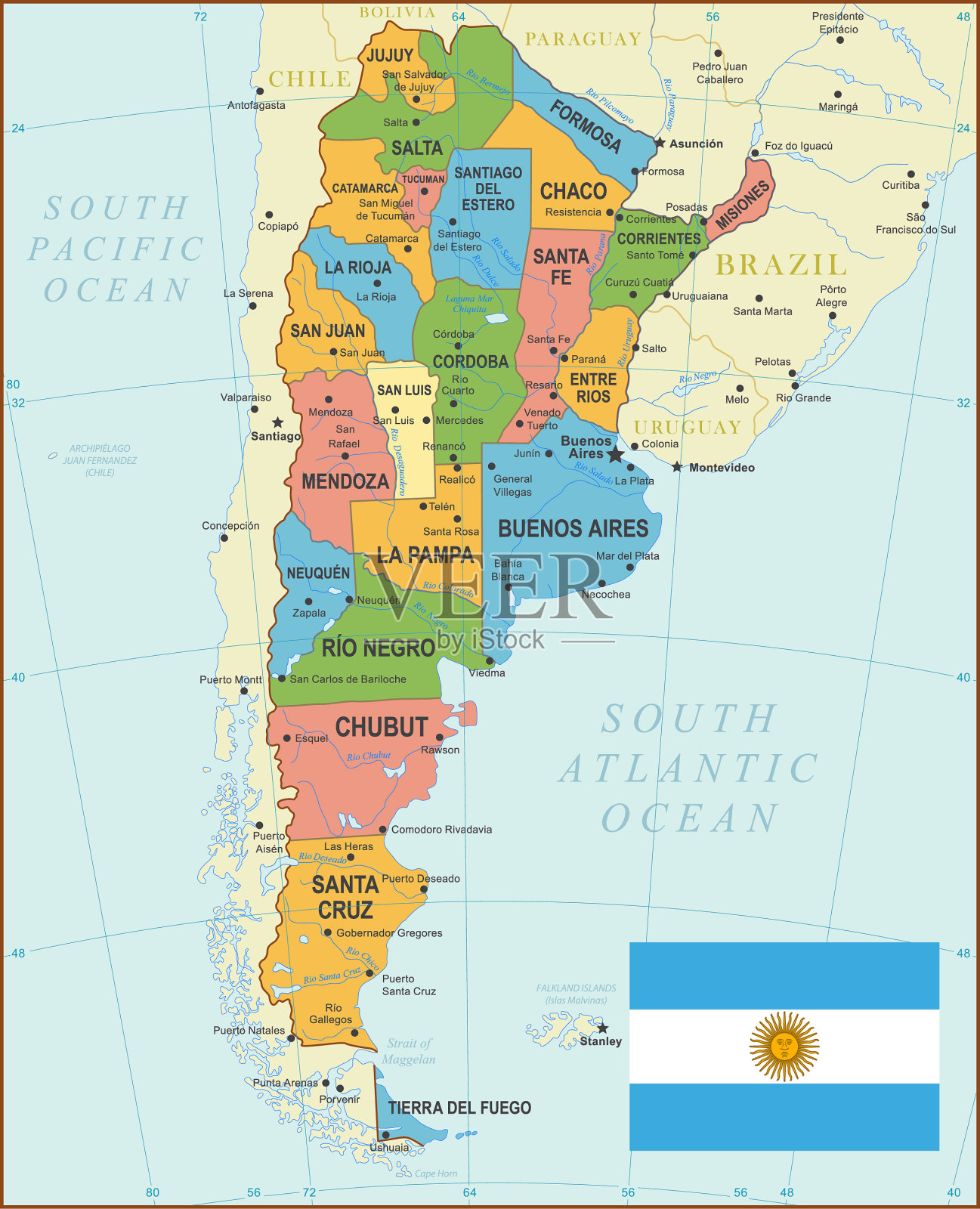 阿根廷复古地图与河流，地区和国旗插画图片素材