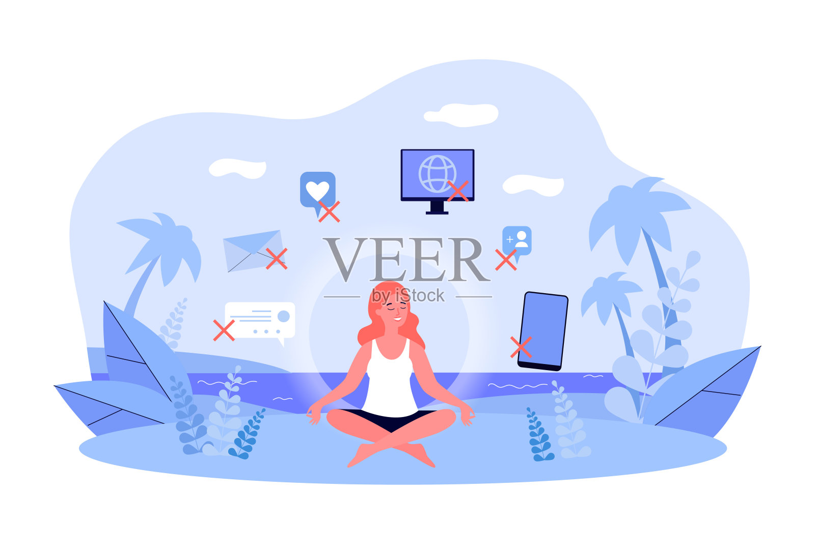 快乐的女人冥想没有设备矢量插图插画图片素材