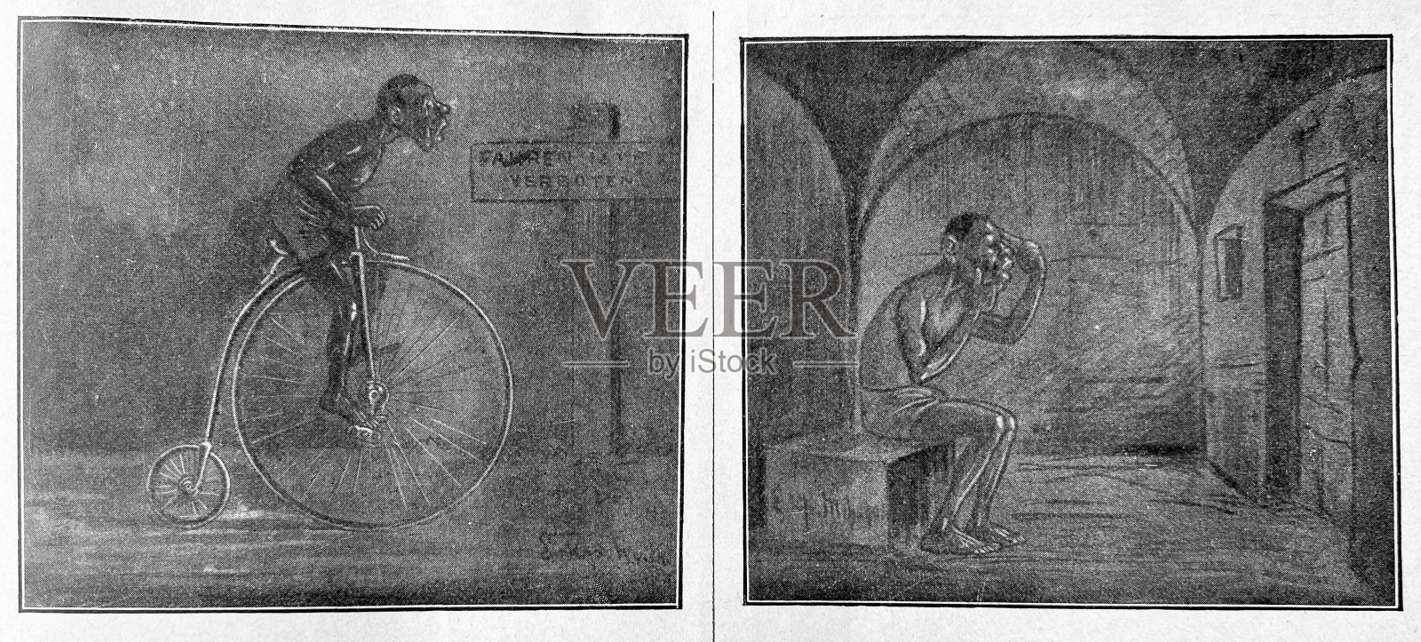 一个骑着自行车的人，坐在监狱里插画图片素材