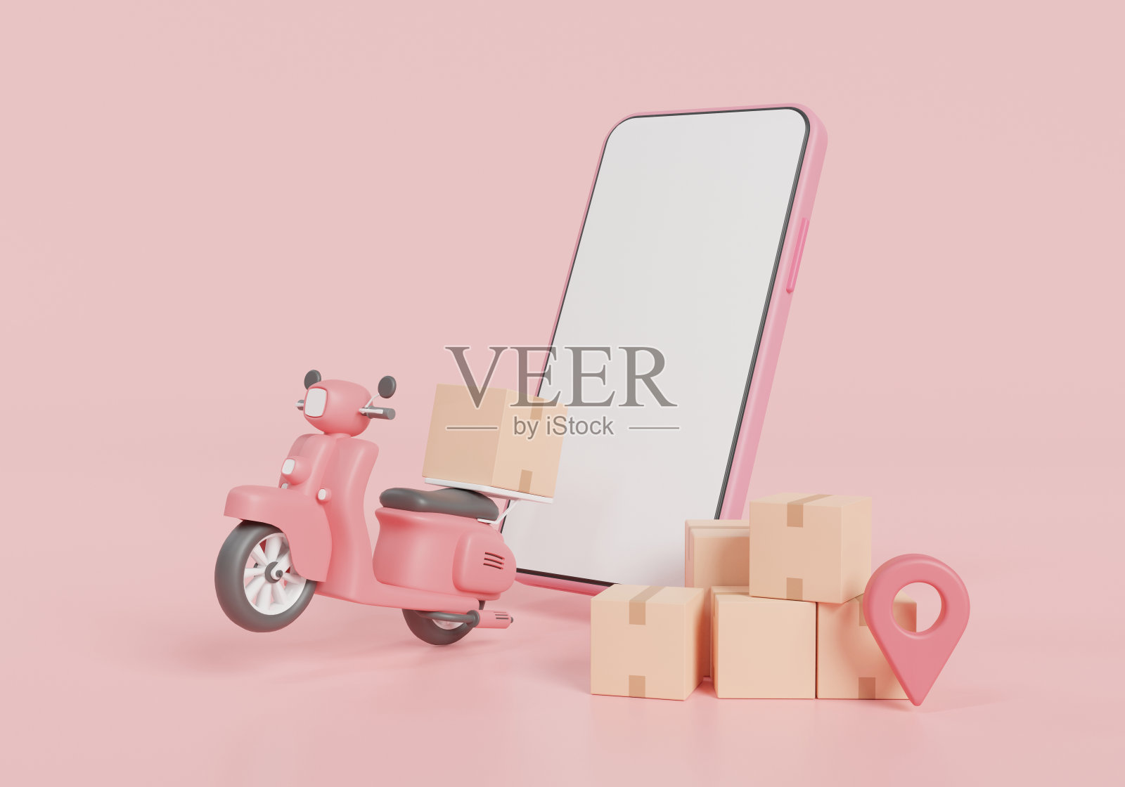 卡通最小在线快速递送包裹由摩托车通过手机。在线订购，在线发货申请，智能物流。交付表达。3d图标最小渲染插图照片摄影图片