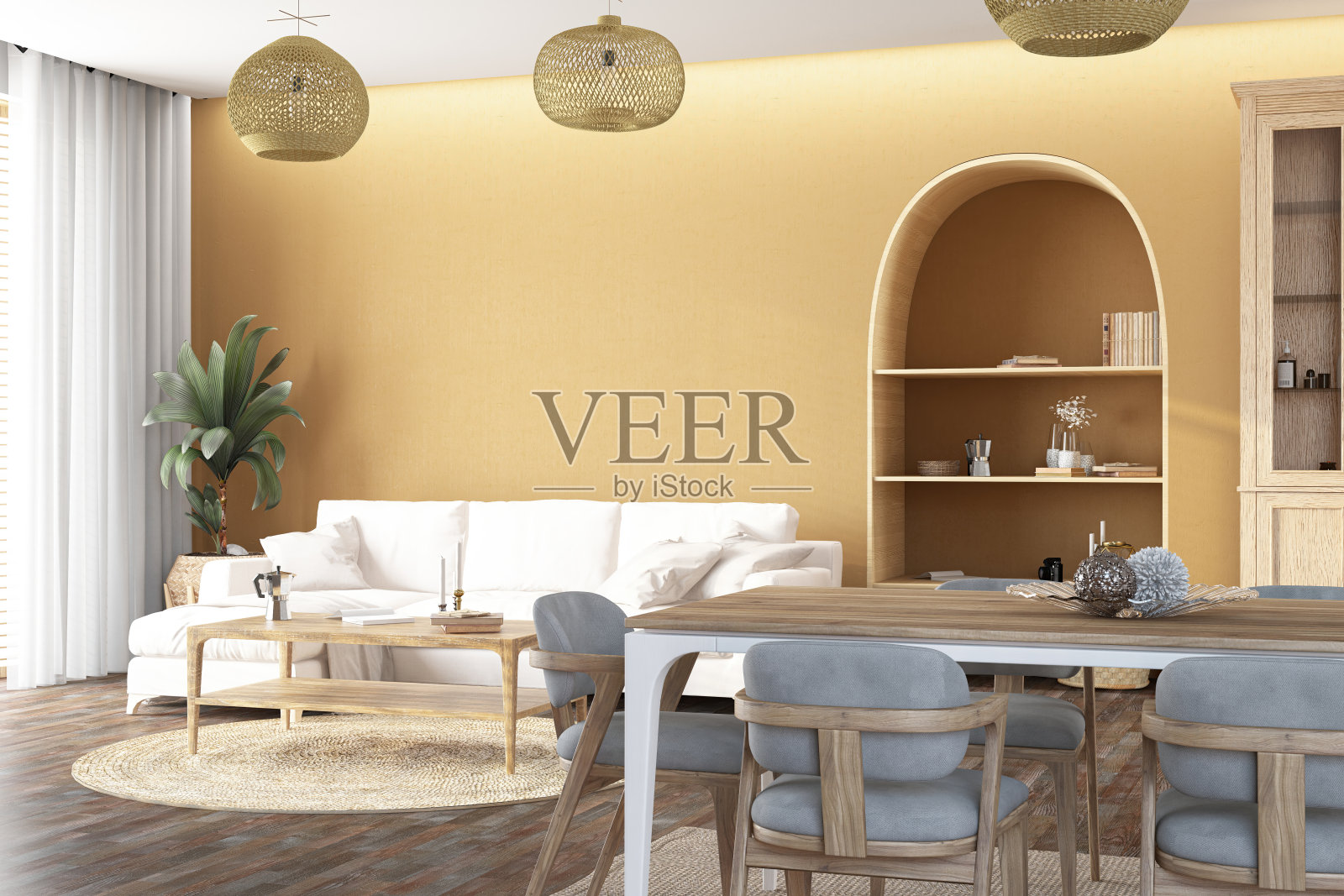 舒适的斯堪的纳维亚风格米色客厅与餐桌照片摄影图片