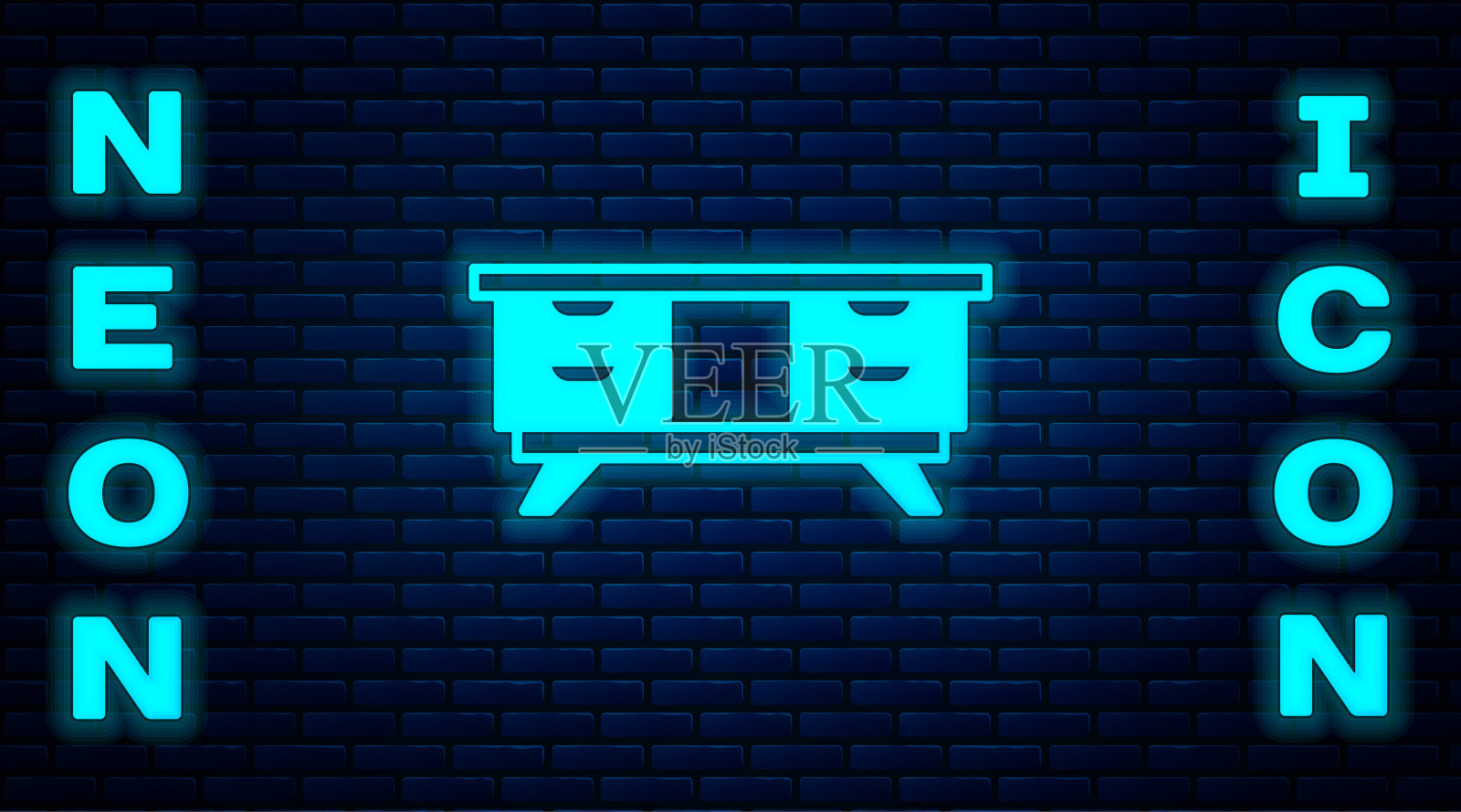 发光的霓虹灯电视桌站图标孤立的砖墙背景。向量插画图片素材