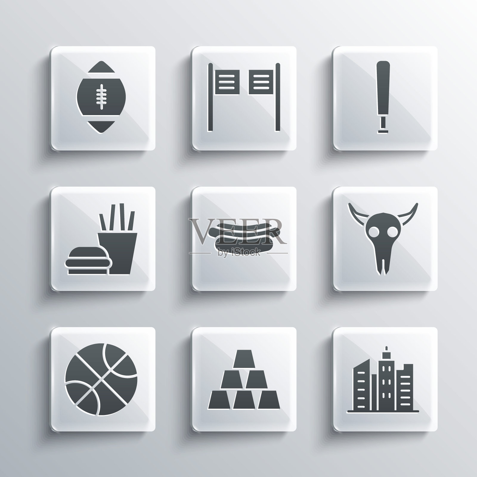 集金条，城市景观，水牛头骨，热狗三明治，篮球，汉堡炸薯条，美式足球和棒球蝙蝠图标。向量图标素材